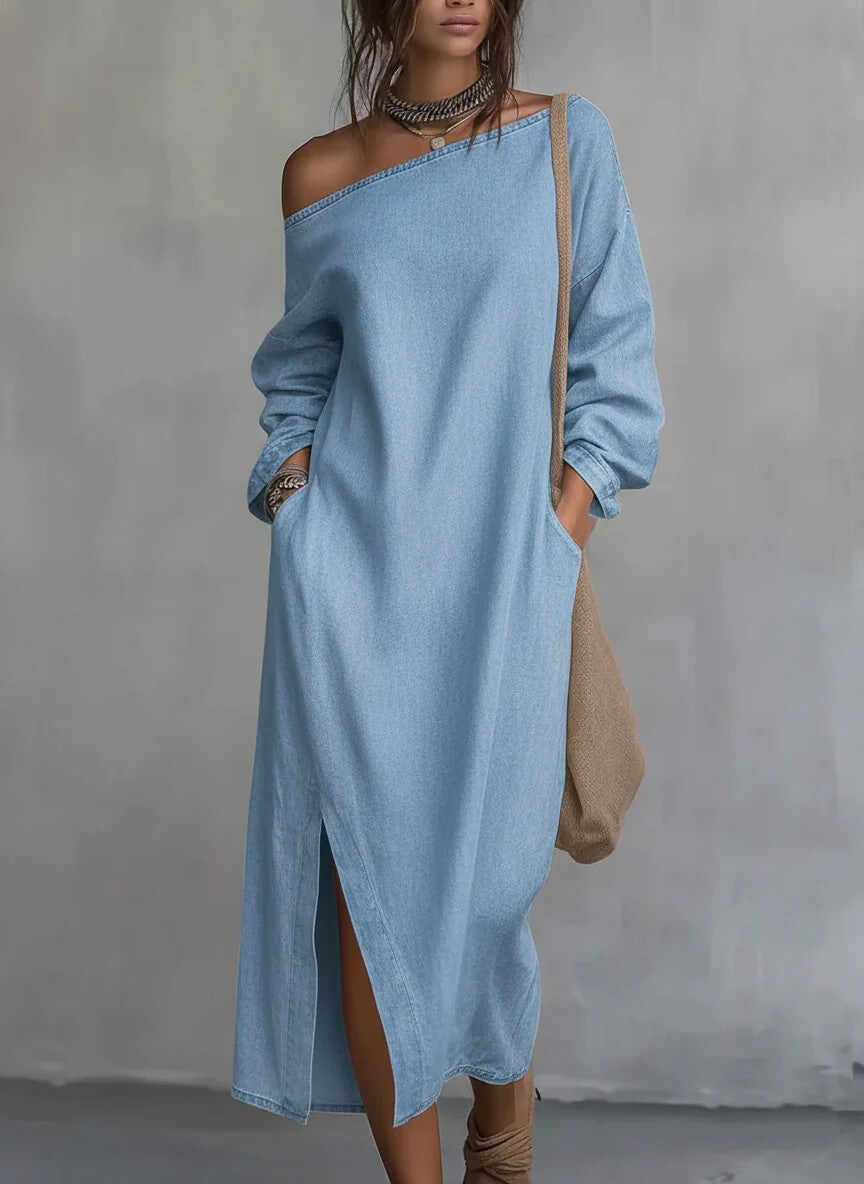 Loose-fitting One Shoulder Split Hem Cotton Linen Midi Dress