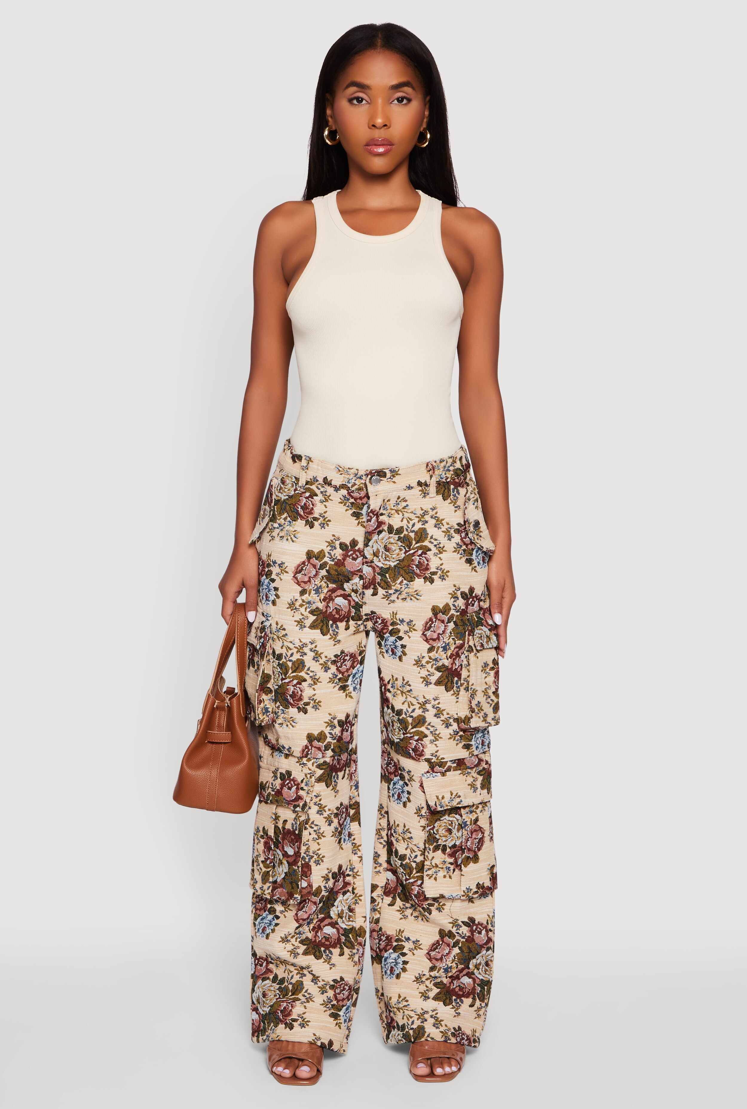 Floral Jacquard Wide Leg Utility Pants