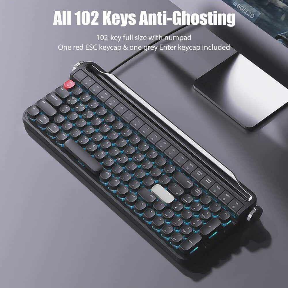 Typewriter Keyboard Wireless Bluetooth 5.0 Retro Aesthetic Cute Kawaii Round Keycaps 106-Key with Num Pad Clicky Mechanical Feeling with Pad/Phone Holder for Windows/Mac OS/Android/iOS (Mint)