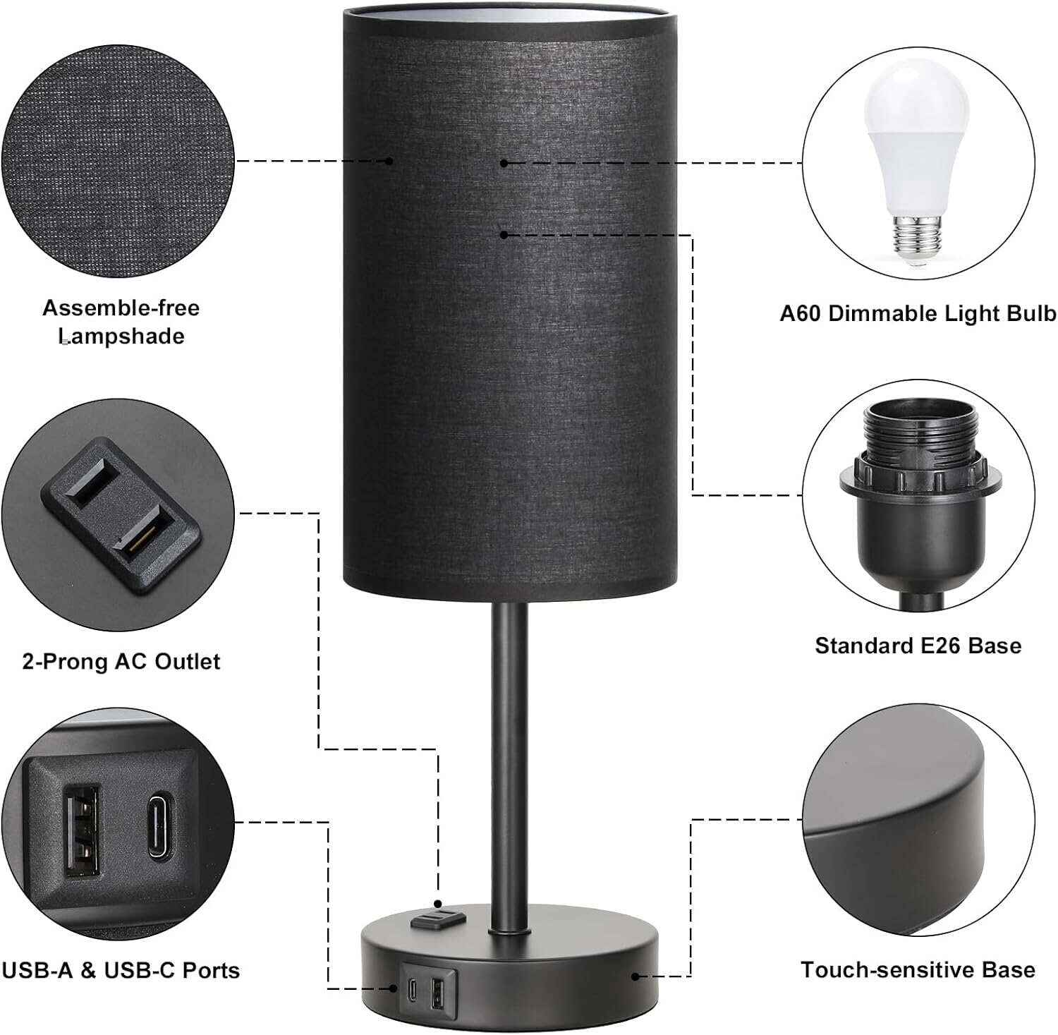 Bedside Table Lamp for Bedroom - 3 Way Dimmable Touch Lamp USB C Charging Ports and AC Outlet, Small Lamp Wood Base Round Flaxen Fabric Shade for Living Room, Desk, LED Bulb Included