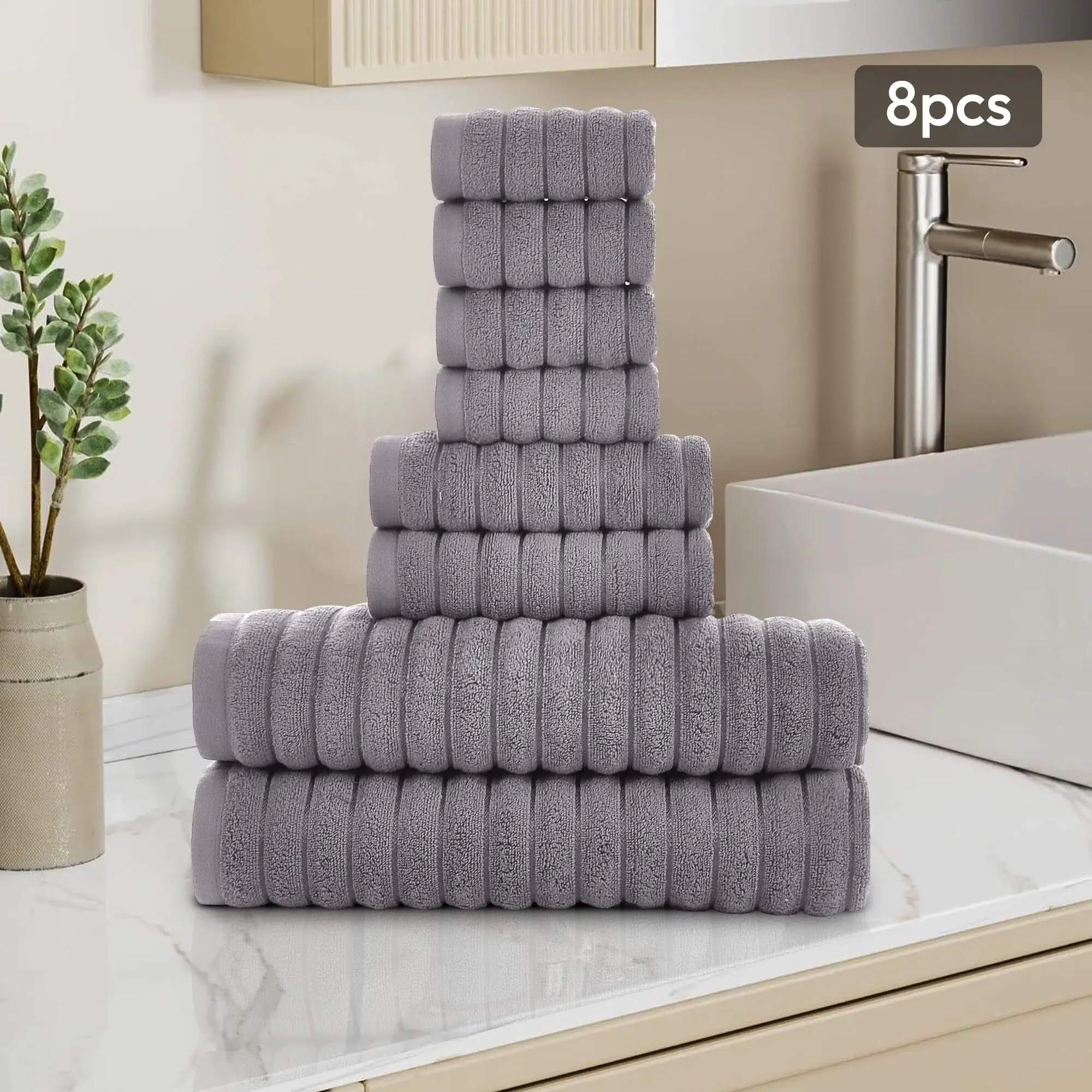 8 Piece Oversized Bath Towel Set, 100% Cotton Bath Towels, Highly Absorbant Bordered Towels