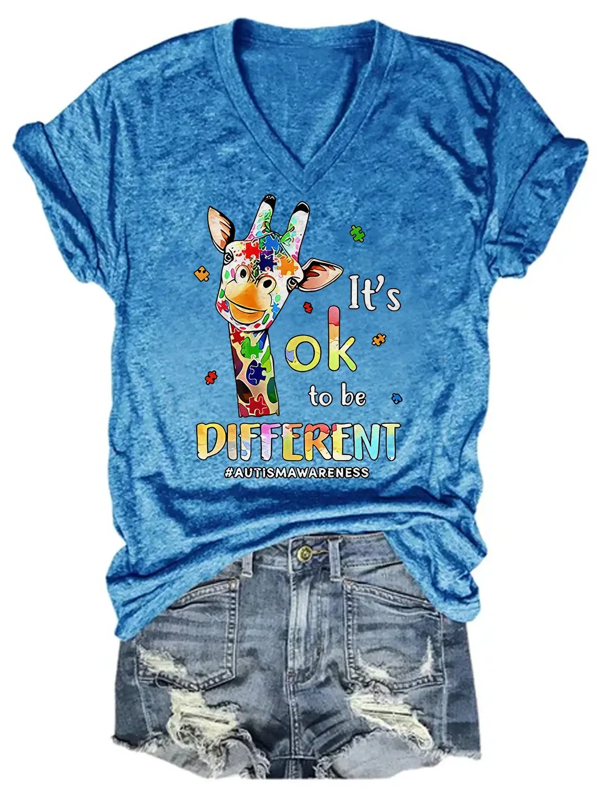Retro Autism Awareness Giraffe It's Ok To Be Different Casual Print T-shirt