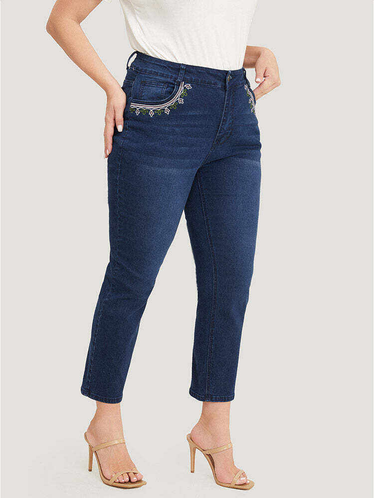 Straight Very Stretchy High Rise Dark Wash Embroidered Trim Jeans