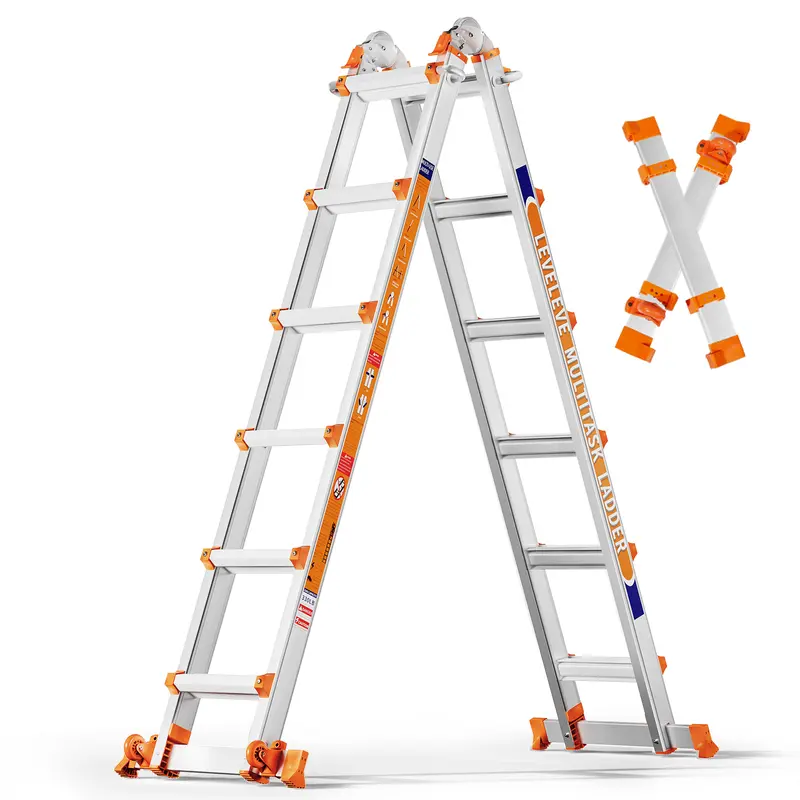 Multi-Position Extension Ladder, A-Frame Step Ladder with Stabilizer Bars, 330LBS Load Capacity, Foldable with Wheels for Home, Outdoor & Roof Work