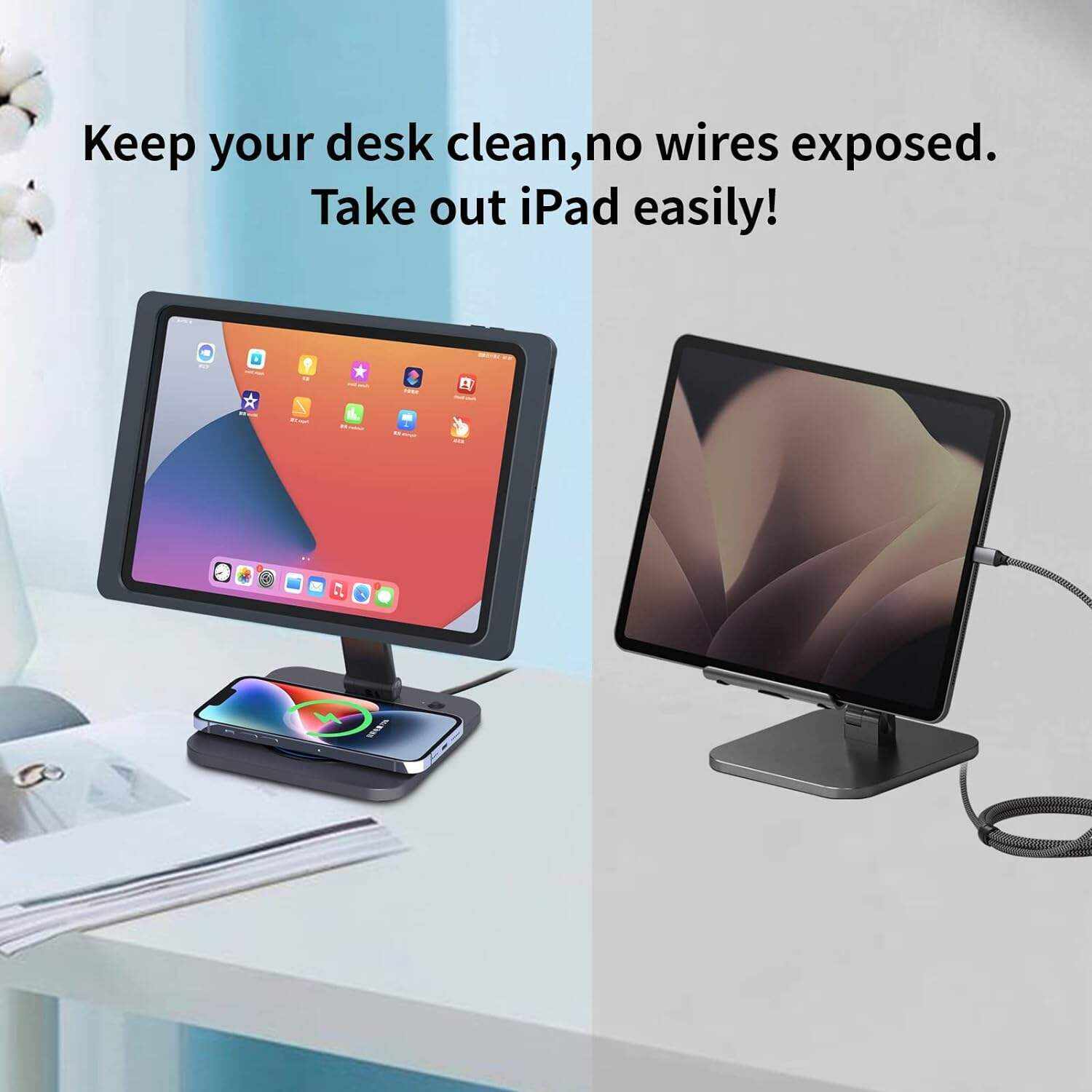 EMONITA Magnetic Stand with Charging Case for 10.2 Inch 7th / 8th / 9th Gen (2021/2020/2019). 18W USB C Fast Charging Cable Included, Foldable L Shape, Strong Magnets, 360 Rotation, 180 Tilt