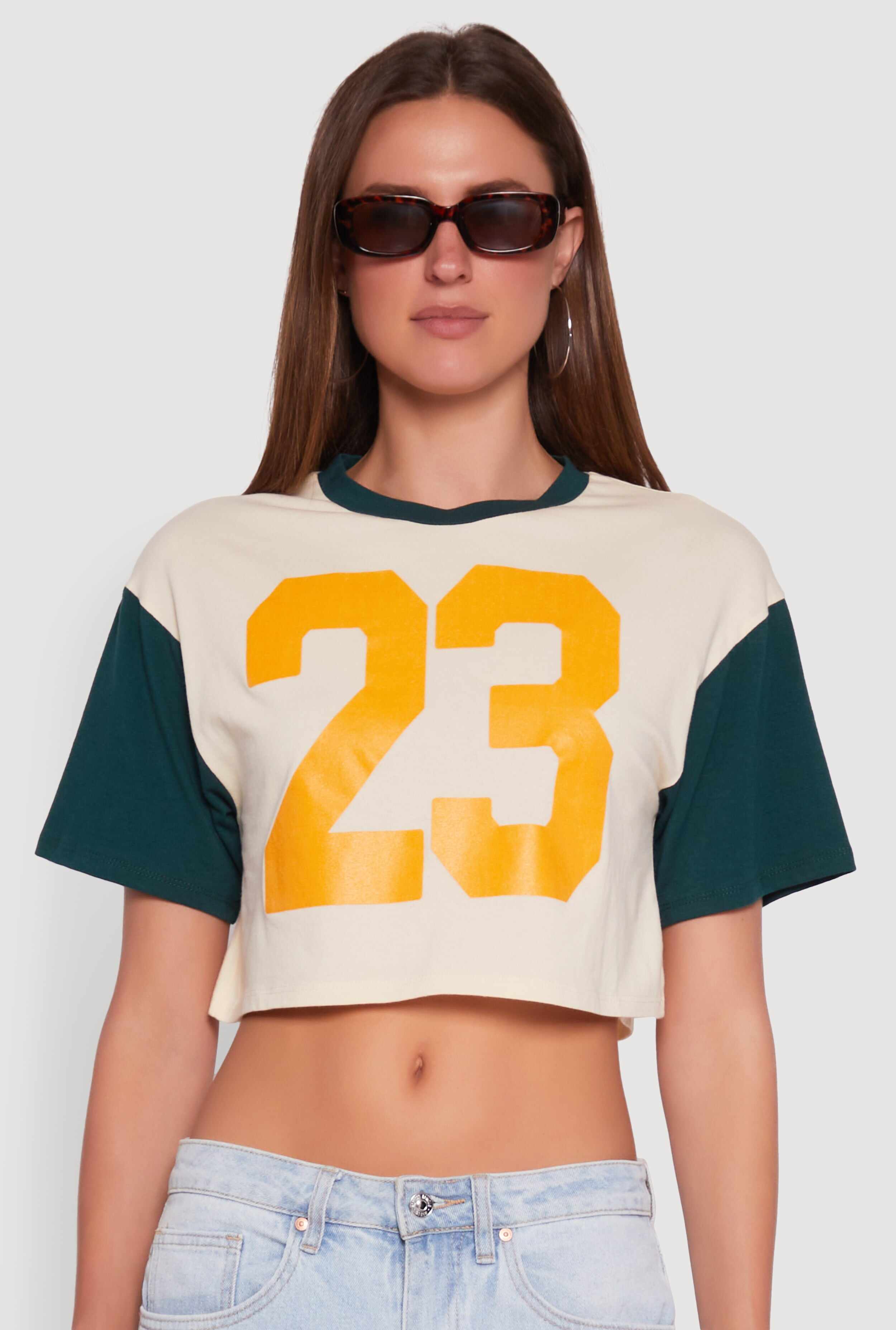 Trendy 23 Graphic Crew Neck Cropped Baseball Tee