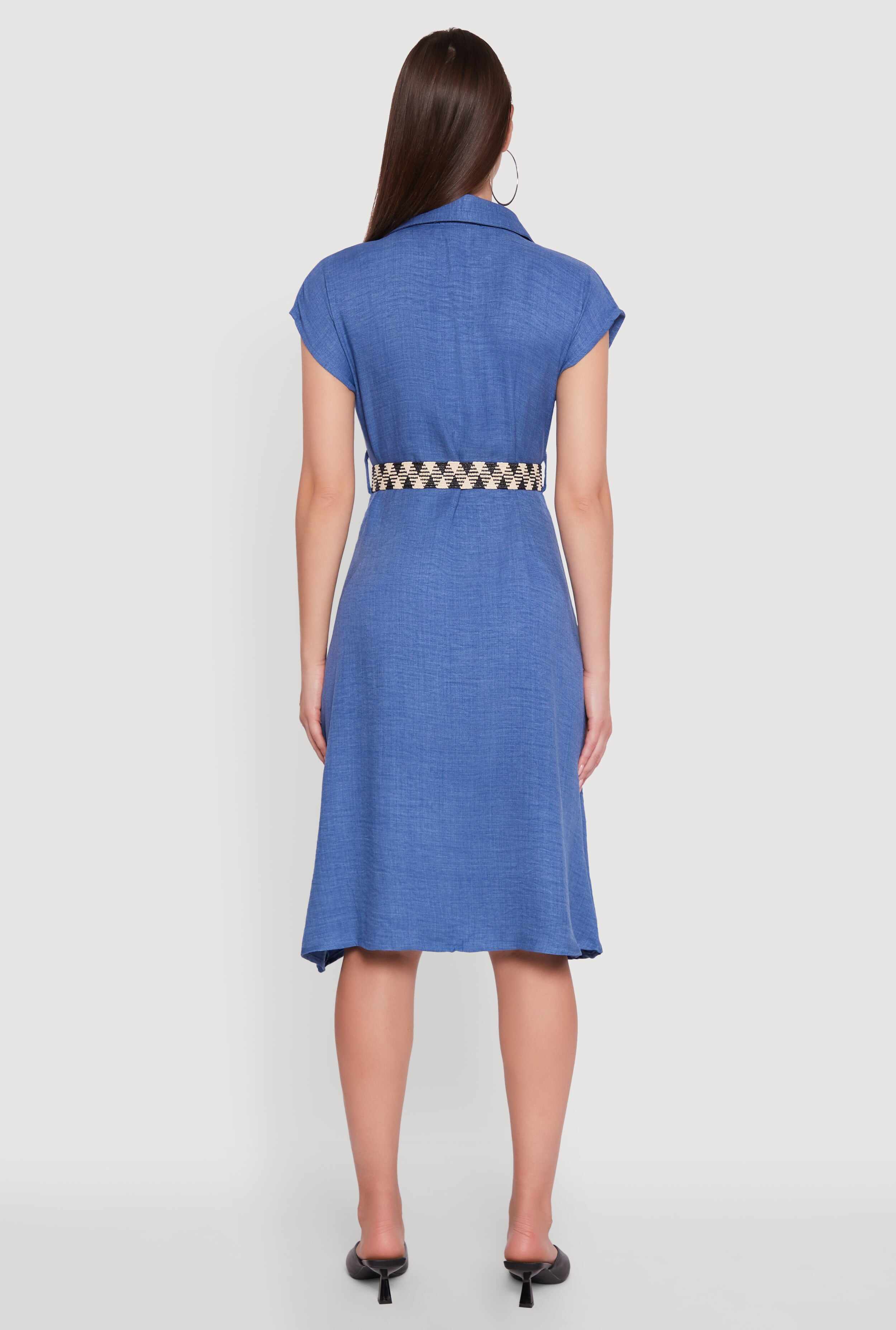 Classic Fit Midi Dress with Belt and Cap Sleeves