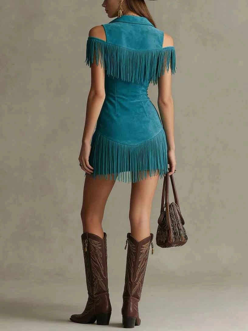 Western-Style Lapel Zipper Tassel Slim-Fit Mini Dress