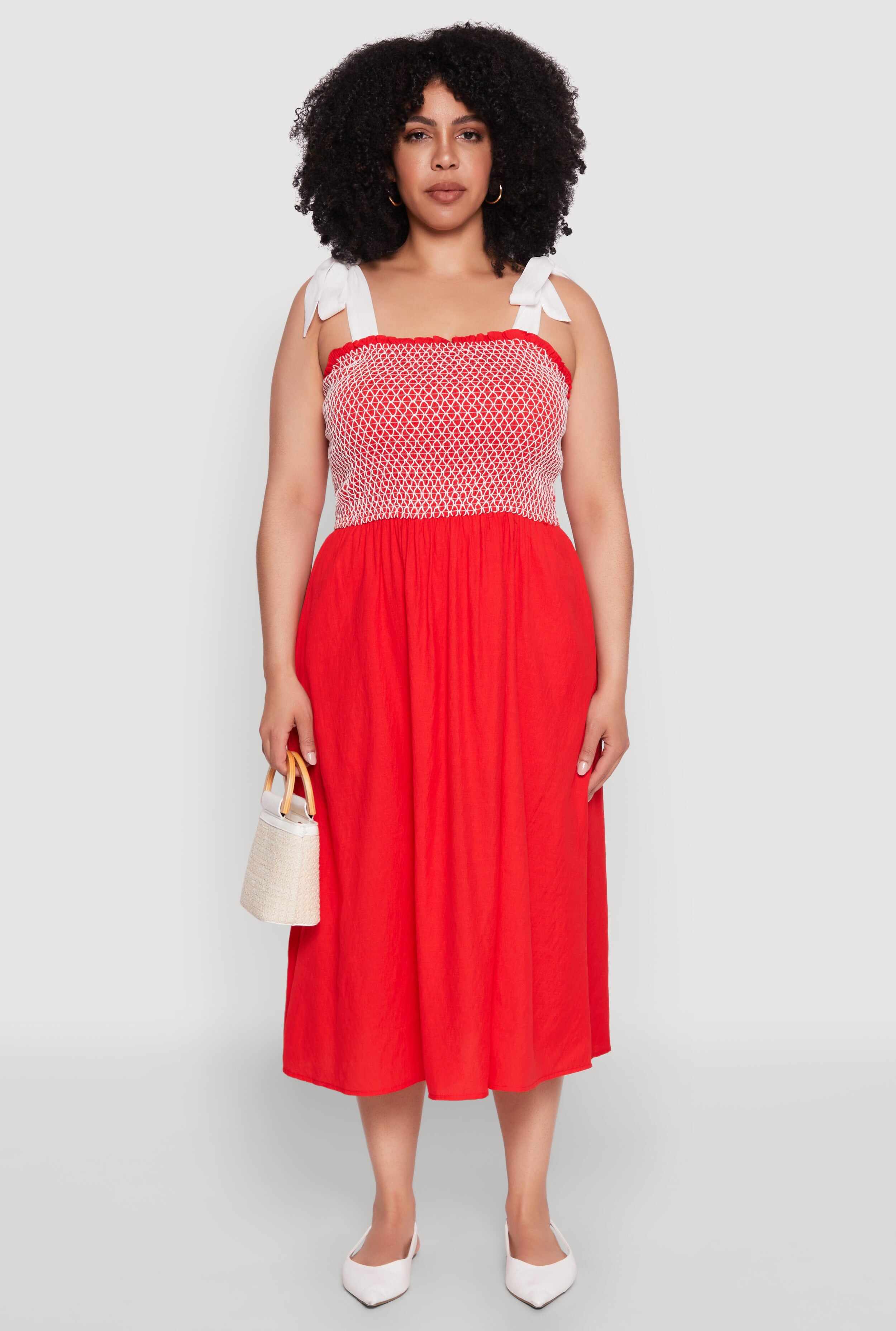 Plus Size Smocked Tie Shoulder Midi Dress