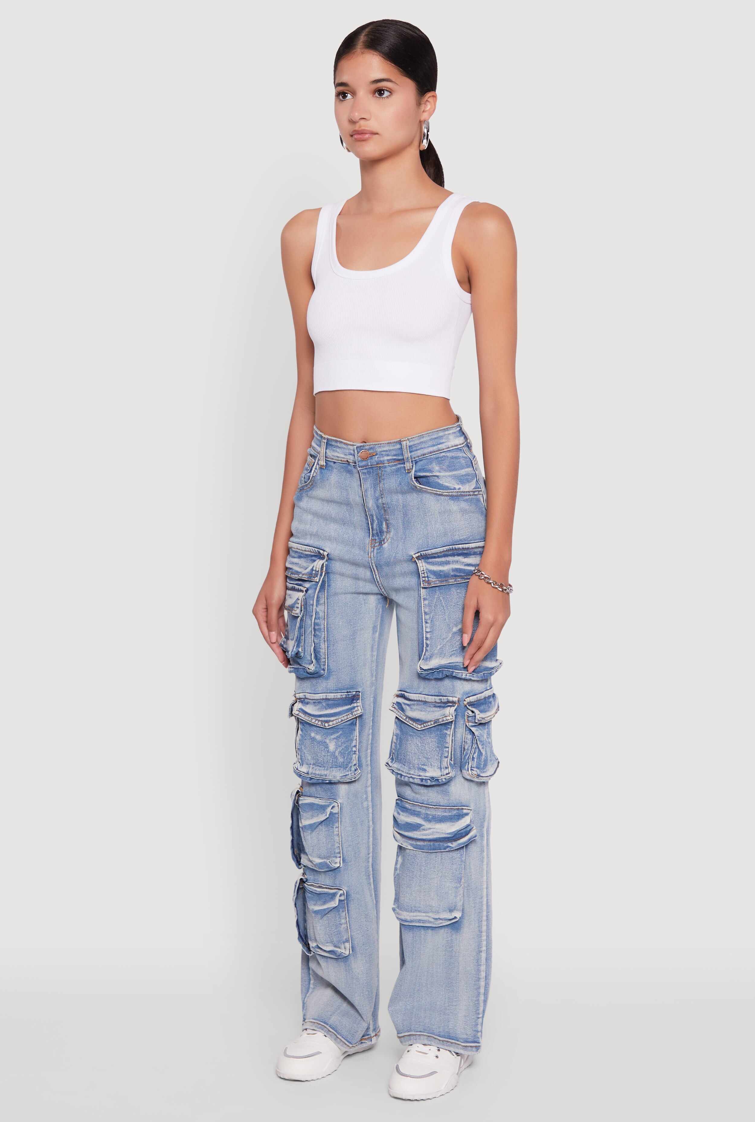 Mineral Wash High Waisted Straight Leg Utility Jeans