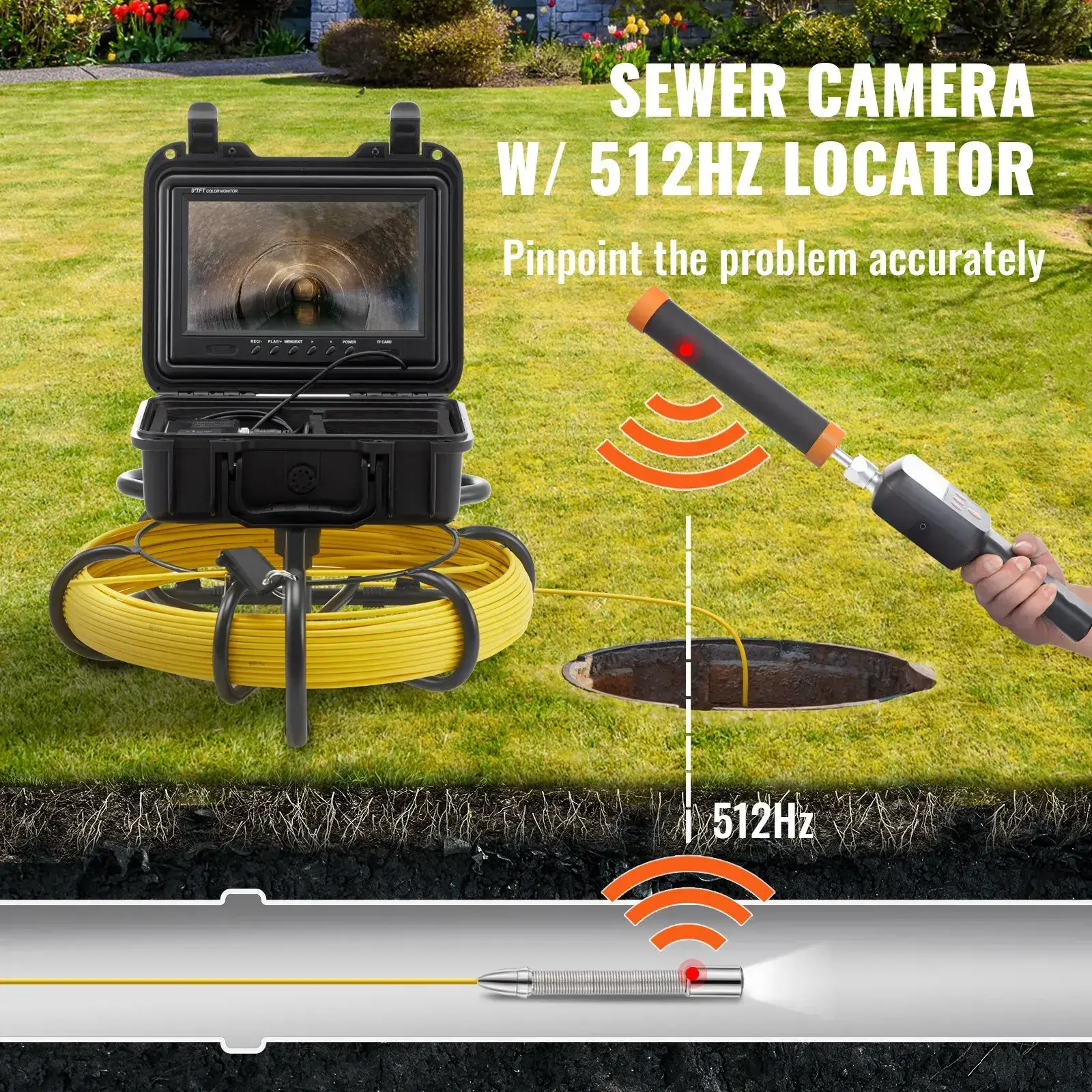 Sewer Camera,  Pipeline Inspection Camera with DVR Function, IP68 Camera with 12 Adjustable LEDs, A 16 GB SD Card for Sewer Line, Home, Duct Drain Pipe Plumbing