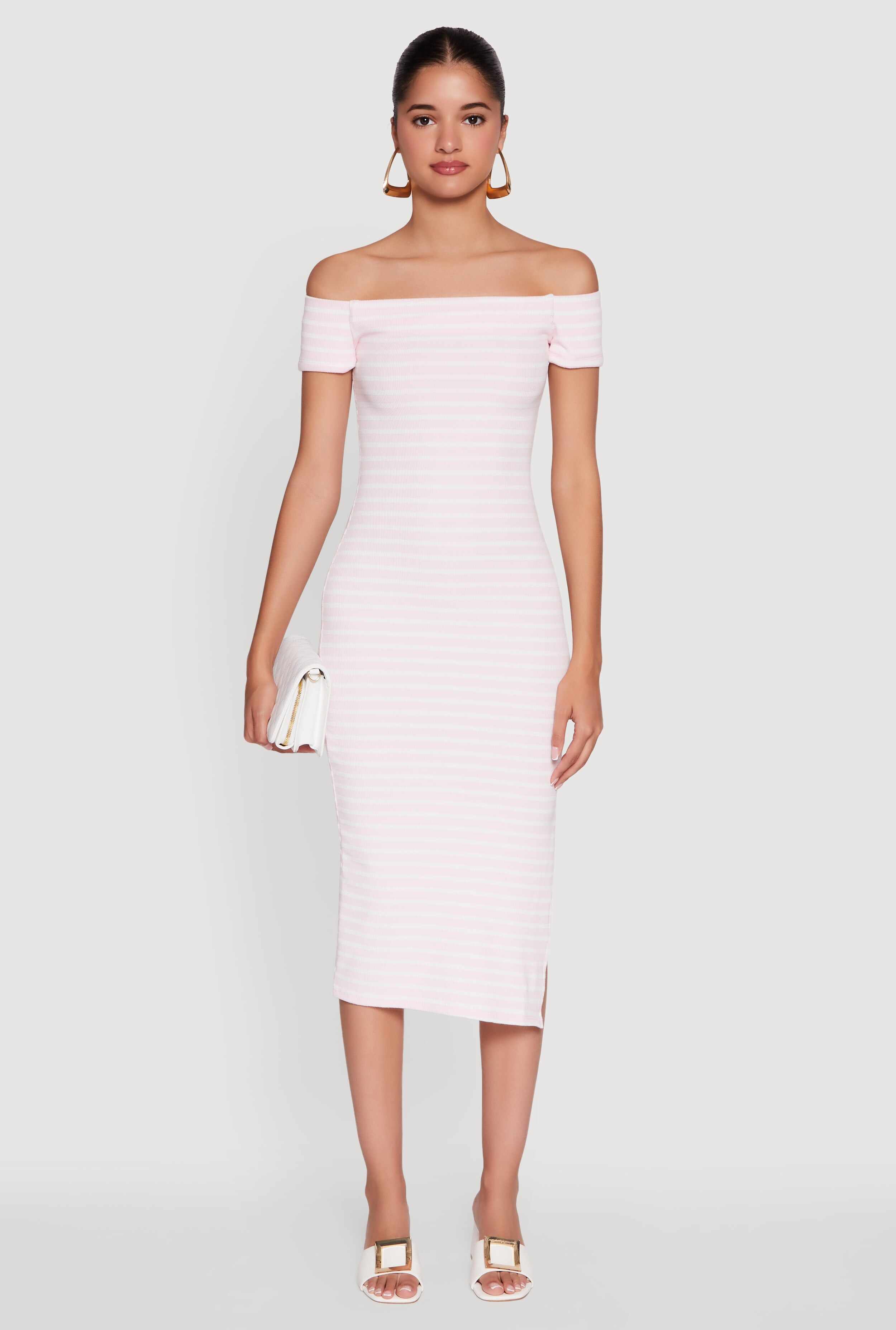 Ribbed Knit Side Slit Striped Midi Dress