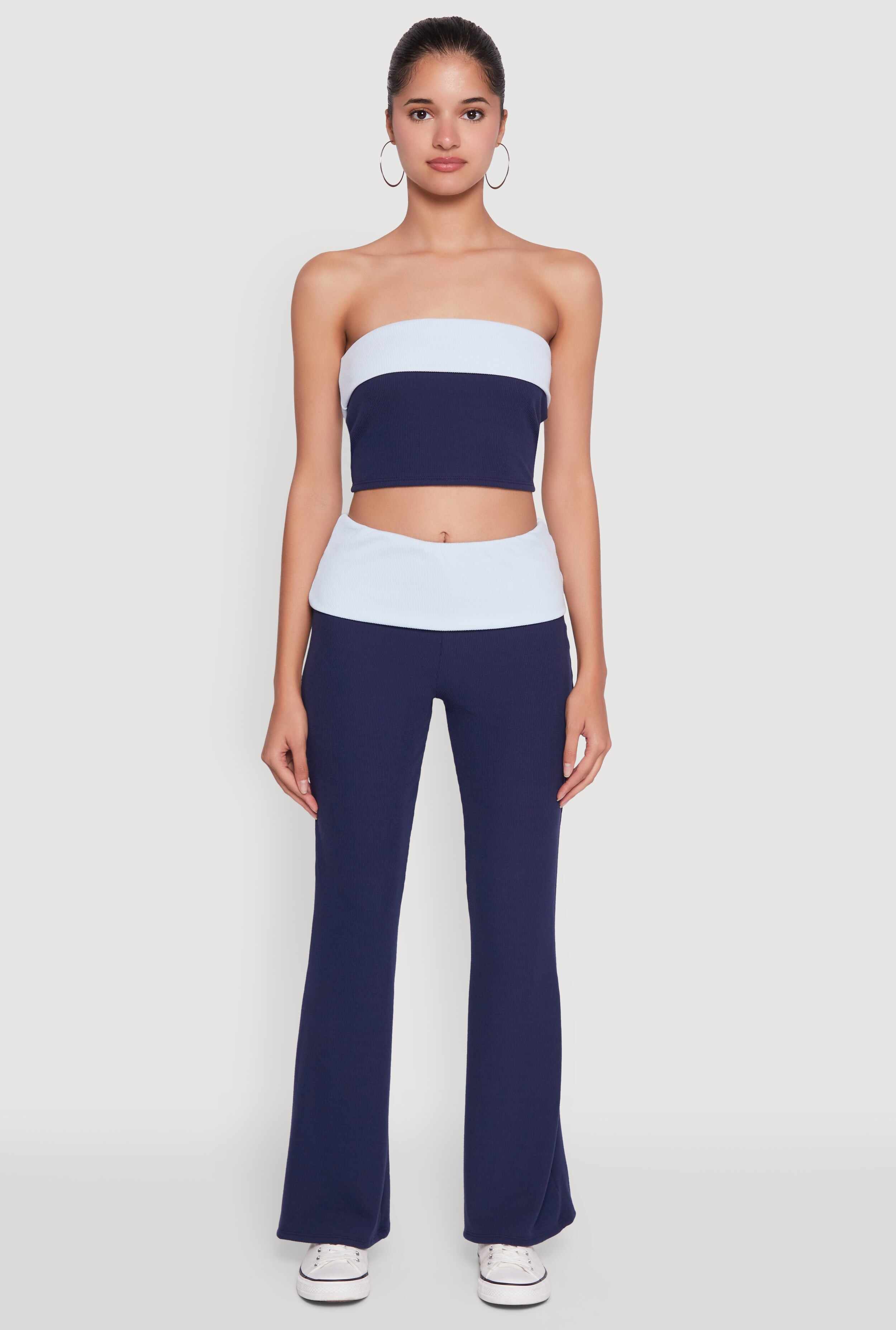 Stylish Rib Knit Contrast Fold Over Cropped Tube Top