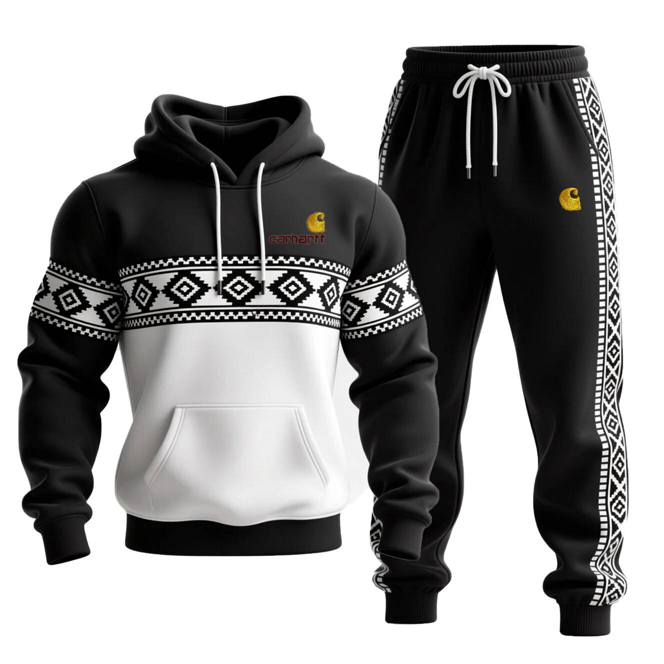 Men's Vintage Black And White Ethnic Aztec Pocket Hoodie And Sweatpants Jogger Set