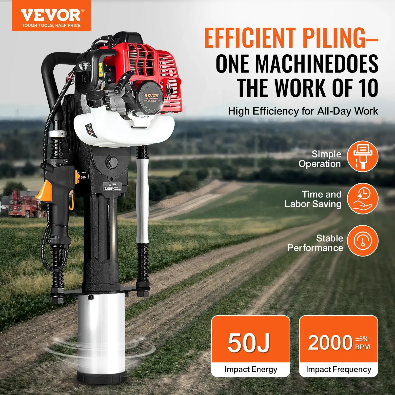 52cc Gas-Powered T Post Driver,2-Stroke Engine Gasoline Fence Piling Pounder, 1300W Portable Piledriver with 3 Post Driving Head(49/69/100 mm) , For Farm, Ranch Fencing, Road Improvements