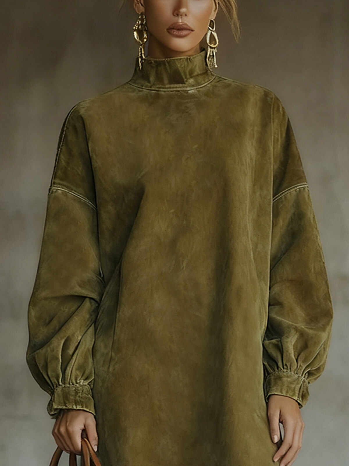 Army Green High Neck Square Suede Maxi Dress With Lace Hem