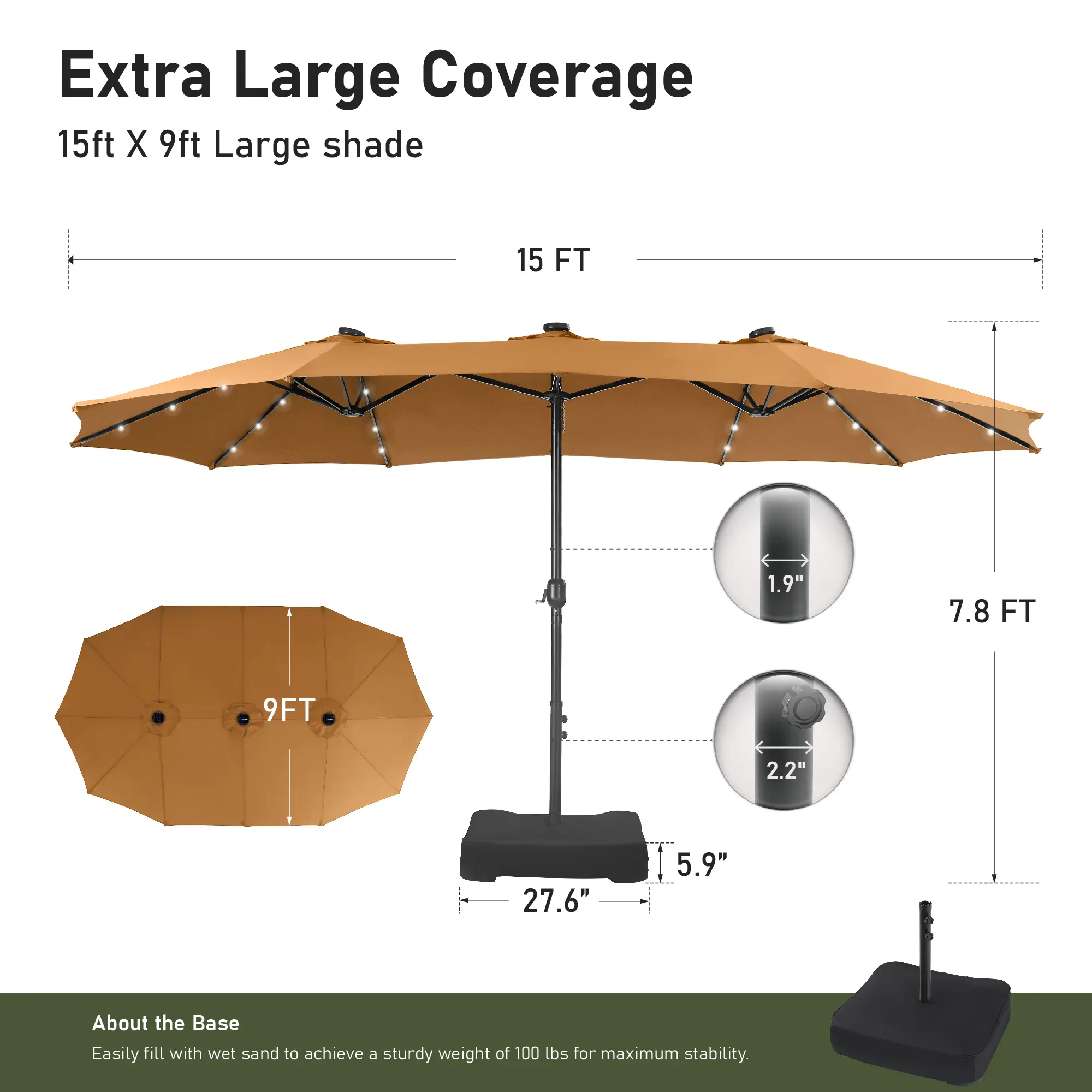 15ft Large Outdoor Patio Umbrella with Base – LED Light Option, Double-Sided, Crank Handle, Waterproof，Comes with Weighted Base and Sandbag, Accommodates 10 People, Great for Poolside, Garden, Lawn, Backyard, Deck and Beach
