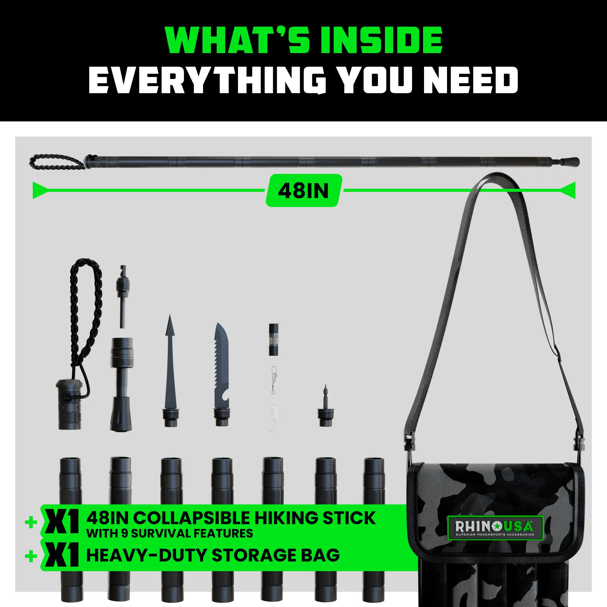 Rhino USA Hiking Stick – Essential Camping Gear for Hiking & Trekking – Durable Walking Stick for Outdoor Adventures, Travel Accessories