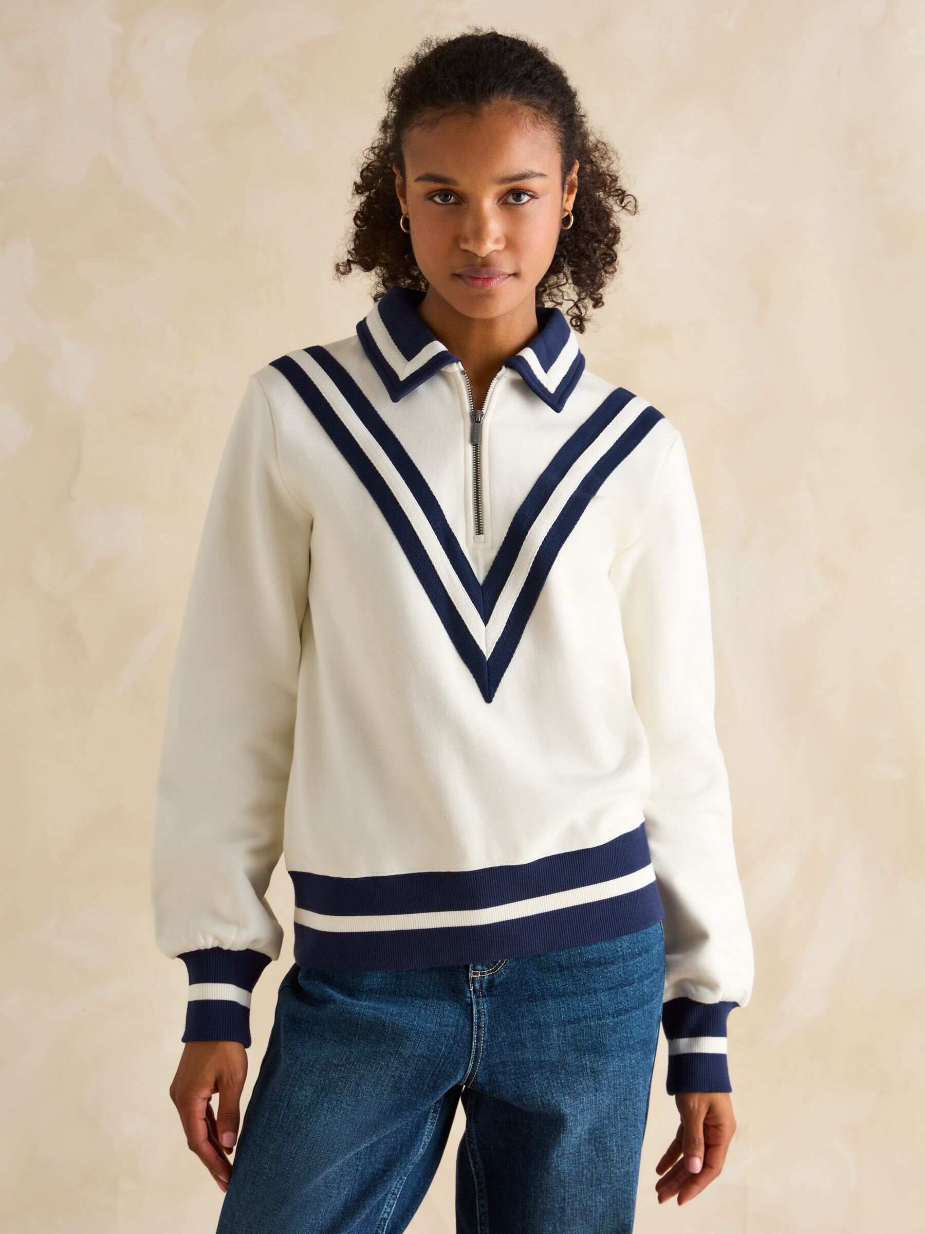 Dawlish Cream Quarter Zip Cotton Sweatshirt
