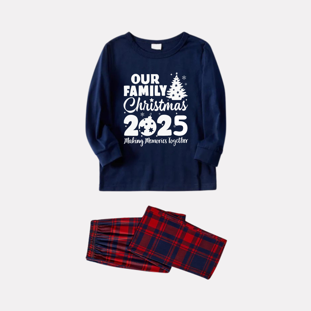'Our Family Chirstmas 2025 Making Memories Together' Letter Print Blue Long Sleeves Top with Red and Blue Plaid Pants Christmas Matching Pajamas