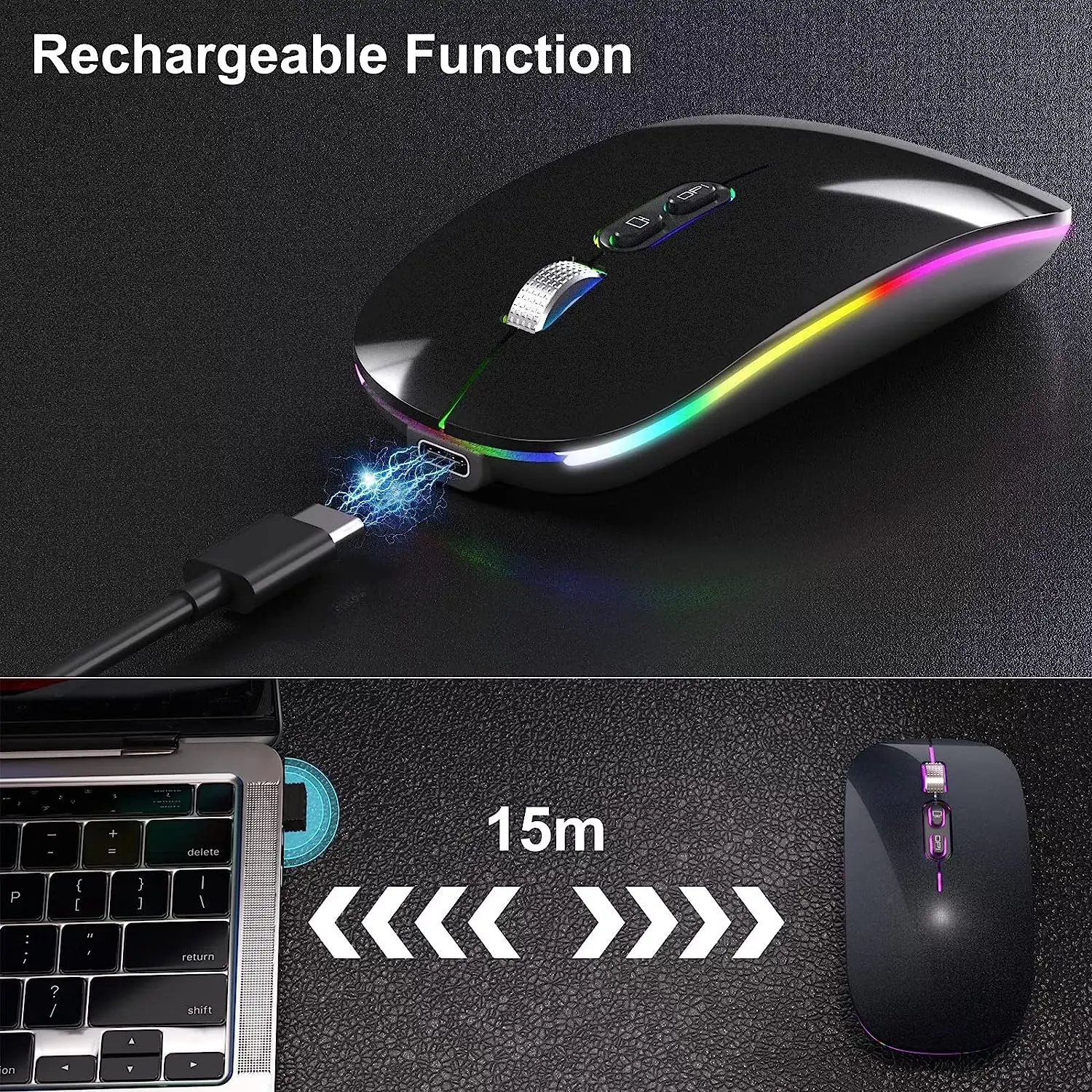 [Upgrade] LED Wireless Mouse, Slim Silent Mouse 2.4G Portable Mobile Optical Office Mouse with USB & Type-c Receiver, 3 Adjustable DPI Levels for Notebook, PC, Laptop, Computer, MacBook (Pink)