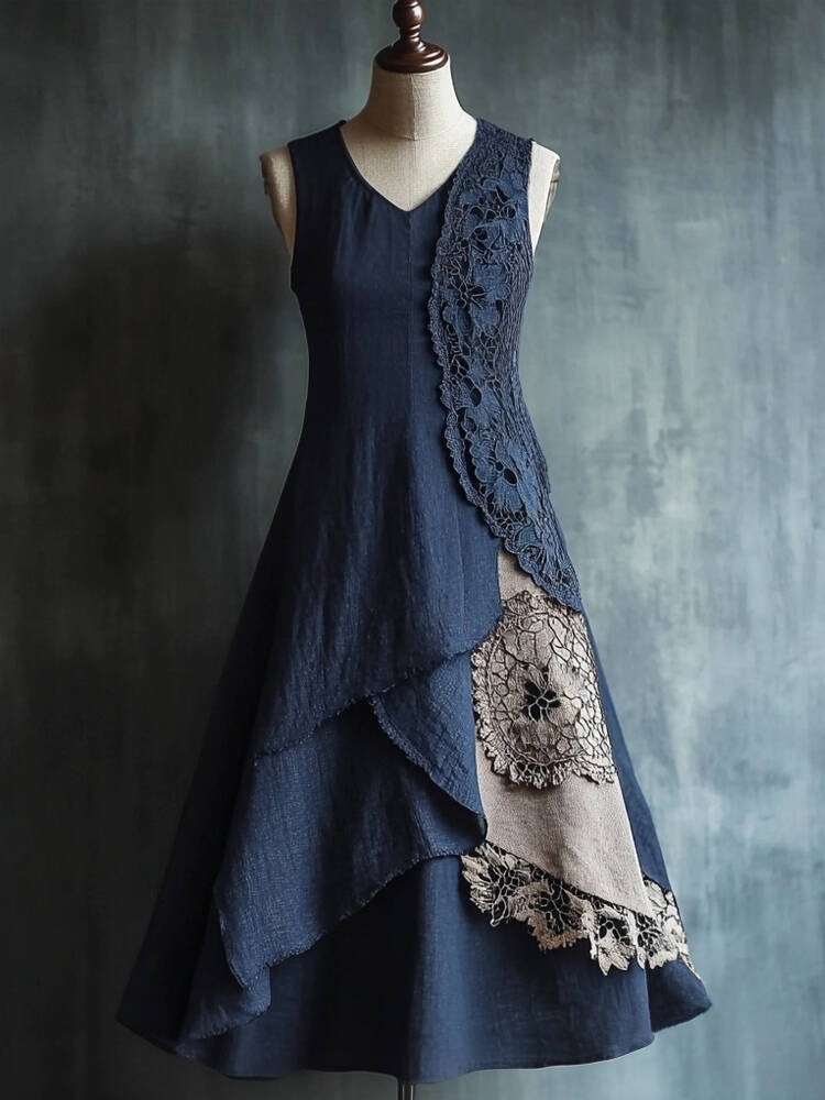 Elegant Lace Patchwork V Neck Linen Maxi Dress
