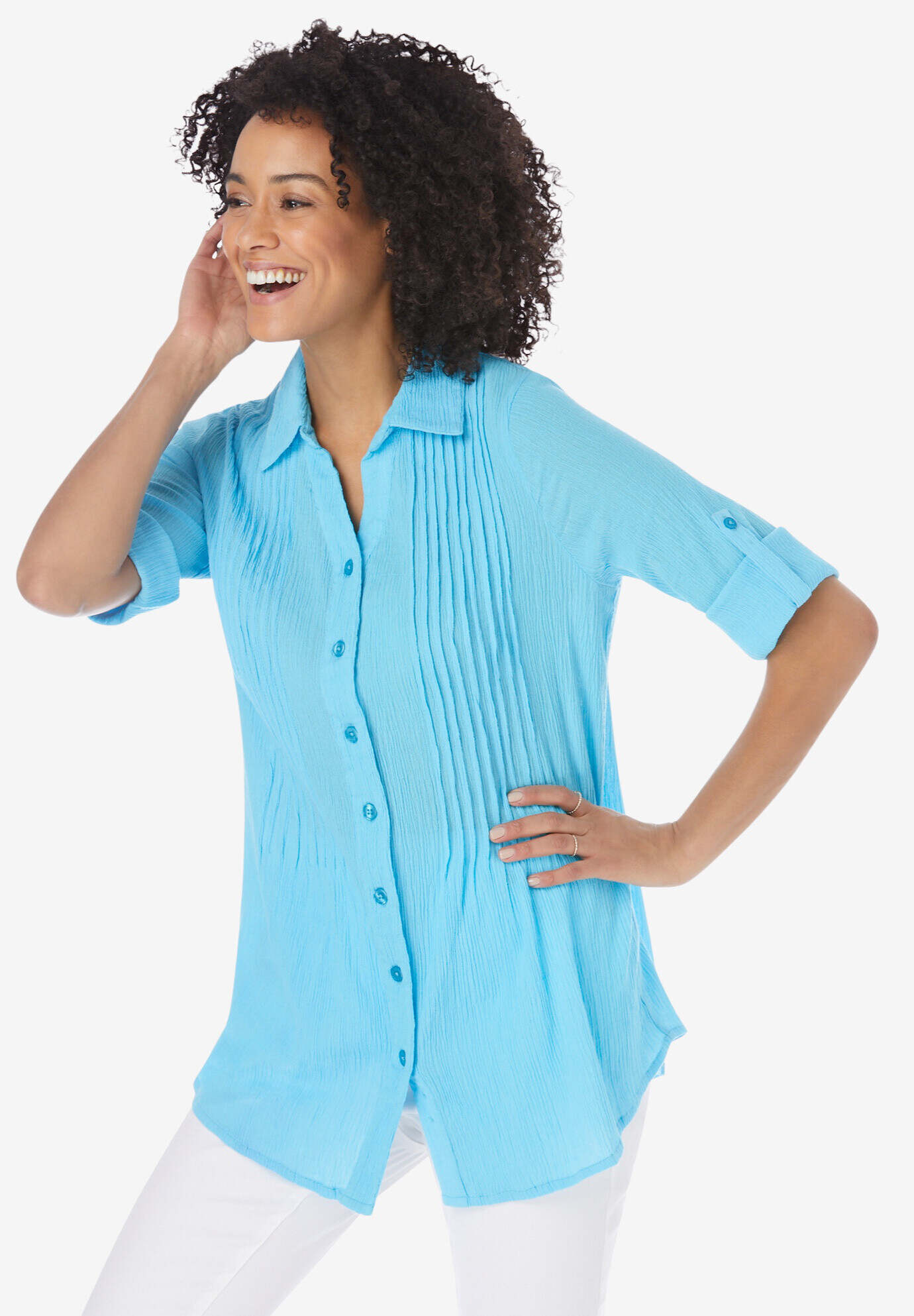 Pintucked Button Down Gauze Shirt