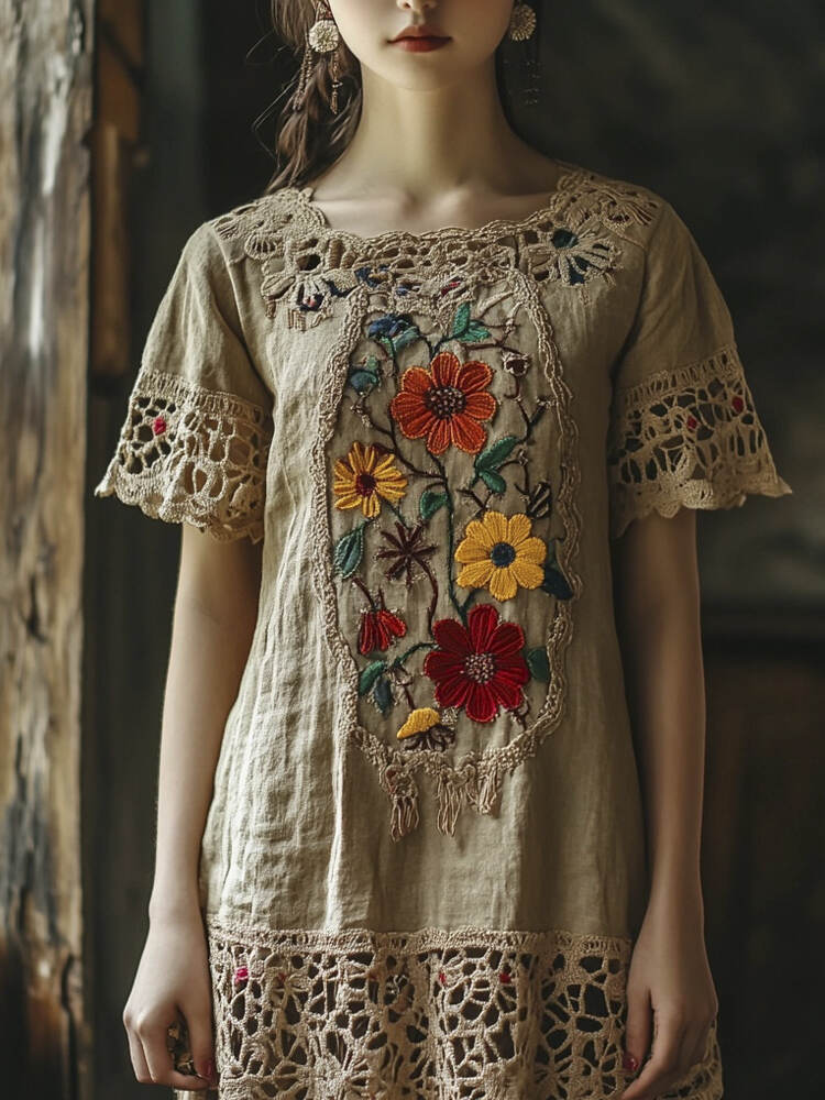 Vintage Lace Floral Embroidery Women's Linen Dress