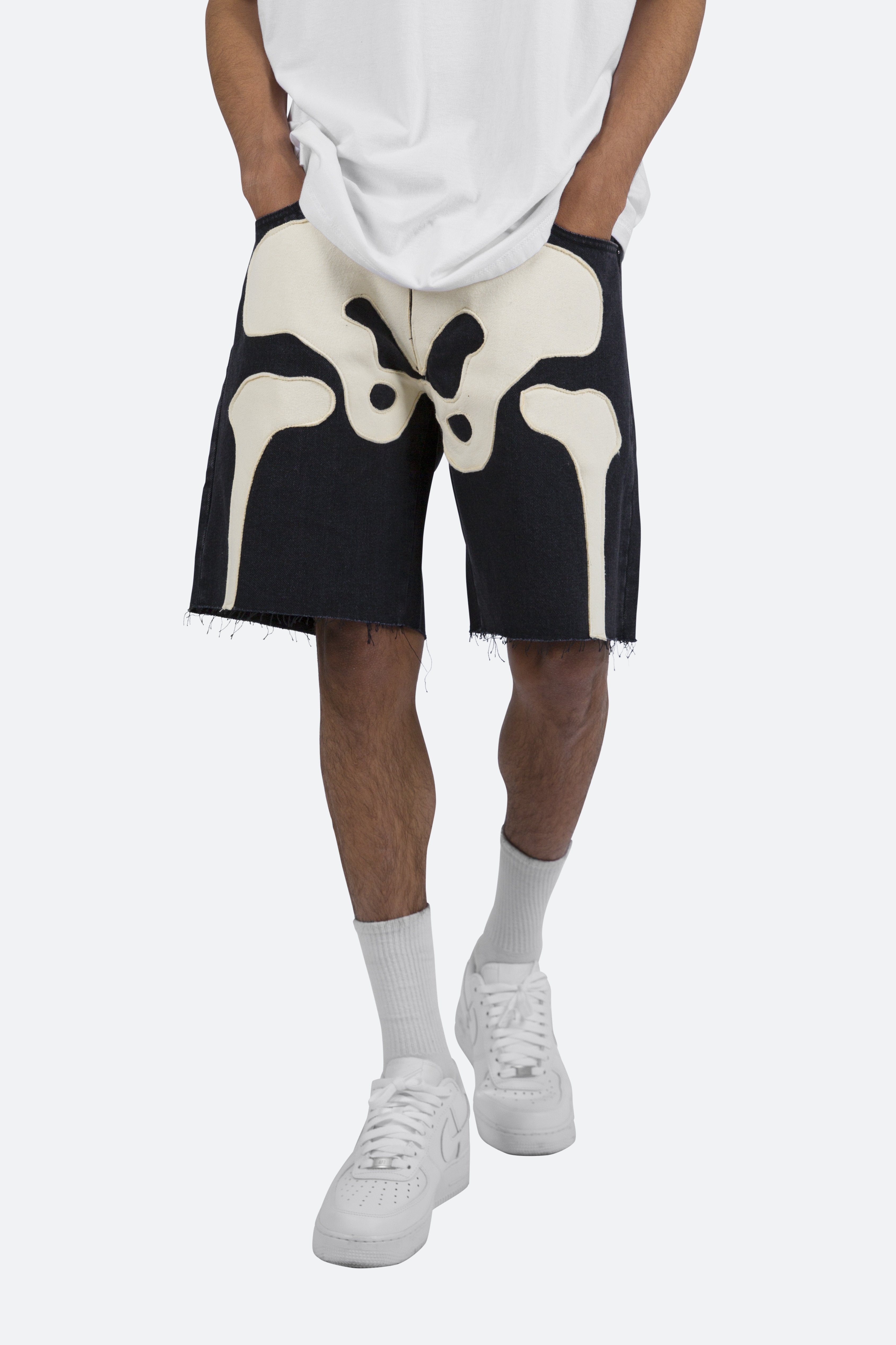 R184 Skeleton Denim Shorts - Black/White