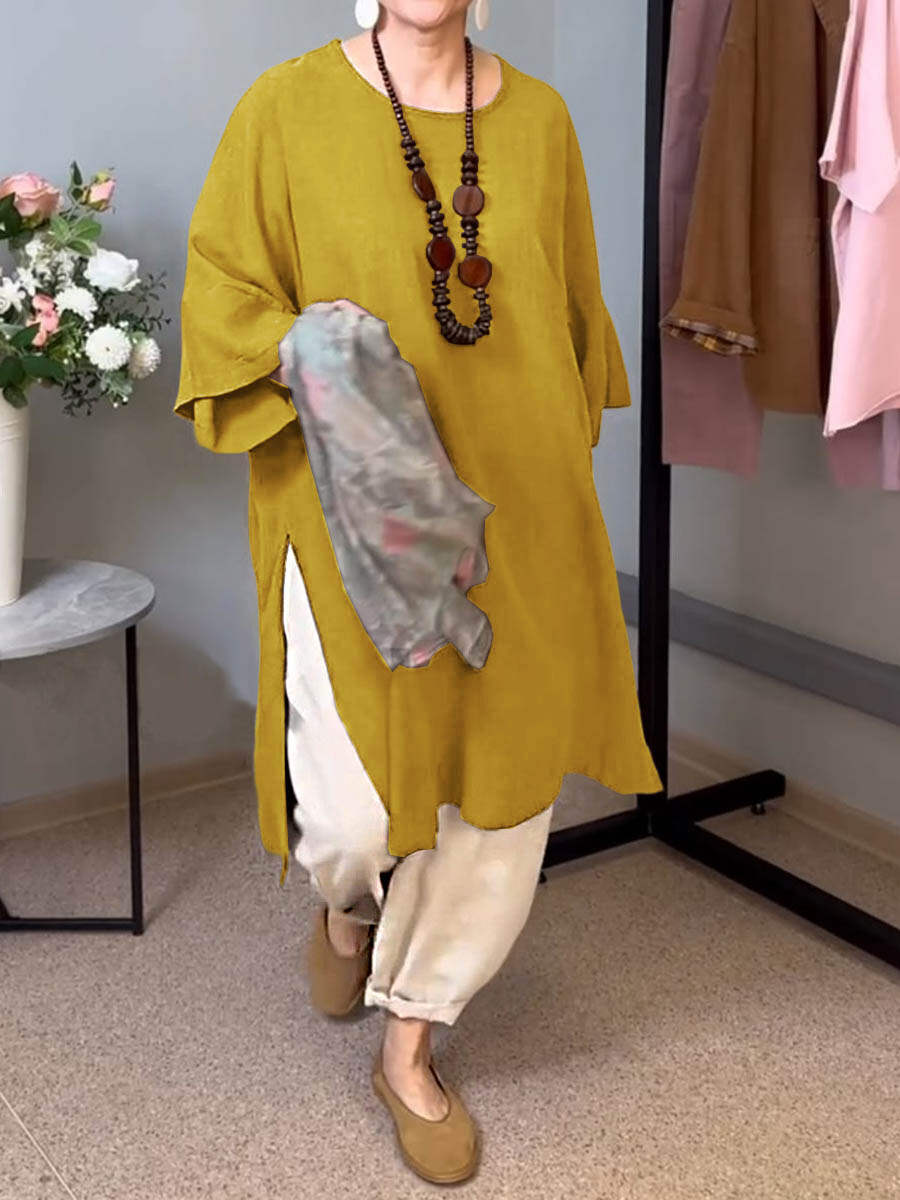 🔥Summer Arrivals🌟Women's Solid Color Round Neck 3/4 Sleeves Casual Linen Slit Long Top