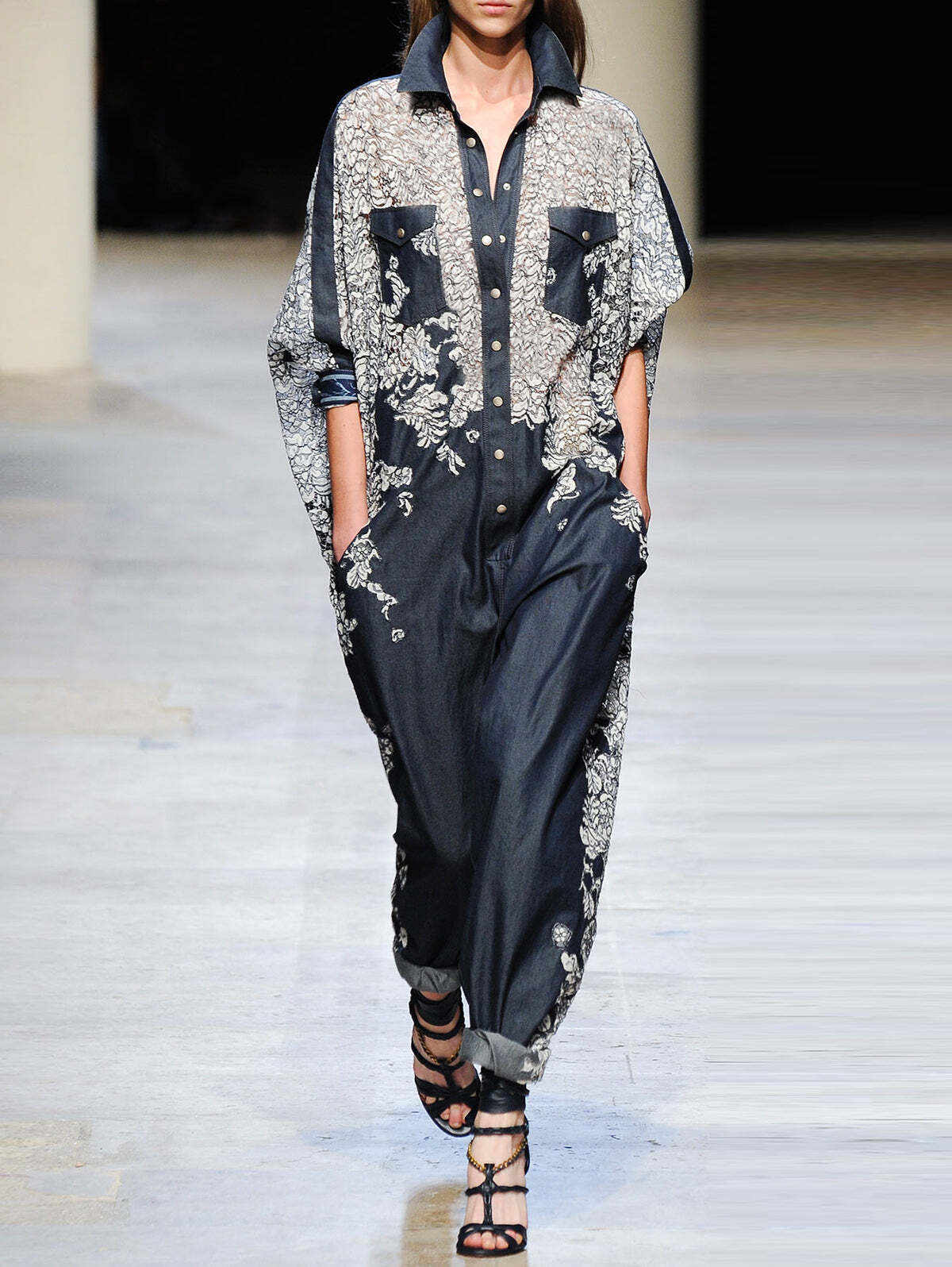 Fashion Floral Lapel Collar Long Sleeve Pocket Jumpsuit