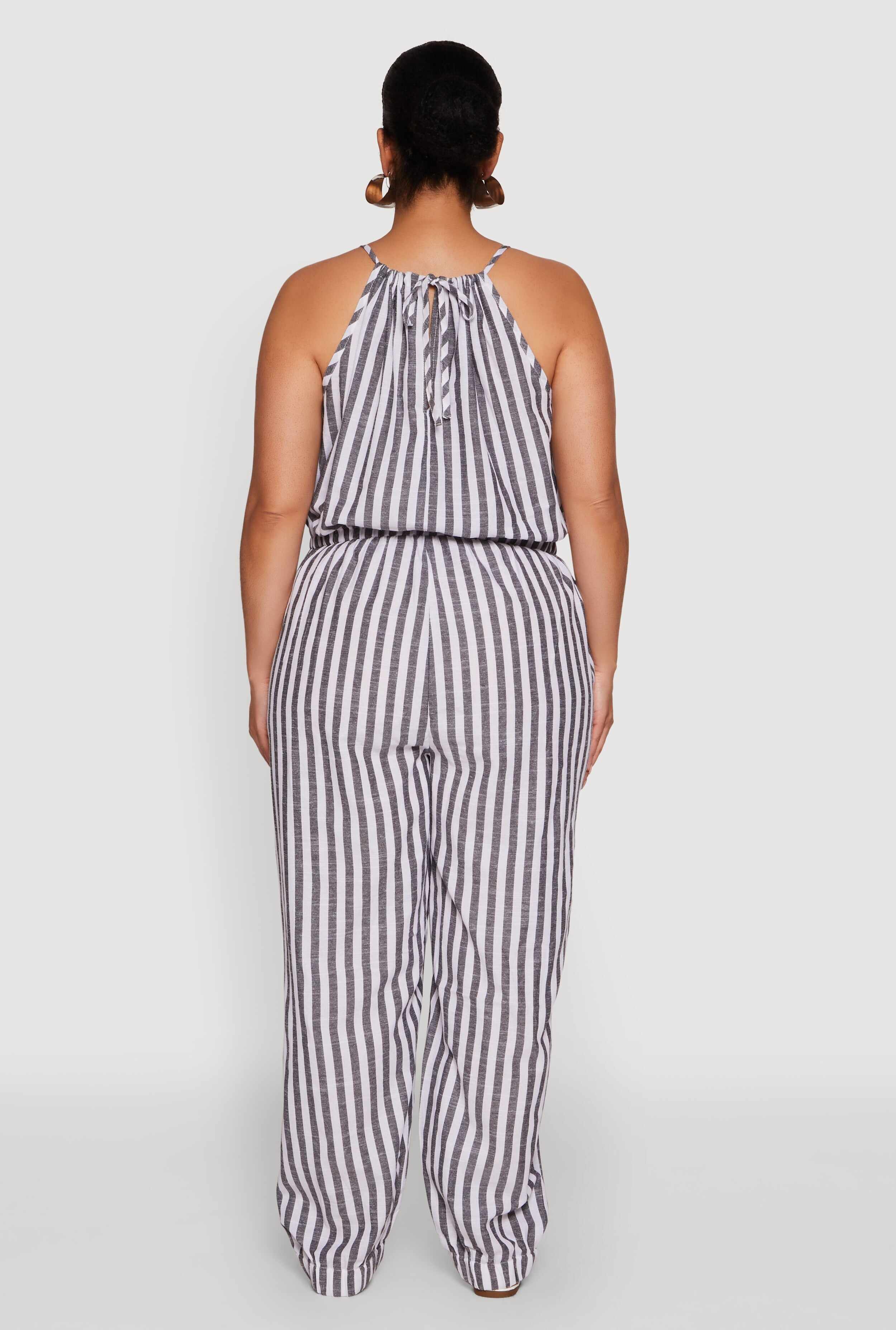 Plus Size Wooden Beaded Detail Striped Jumpsuit