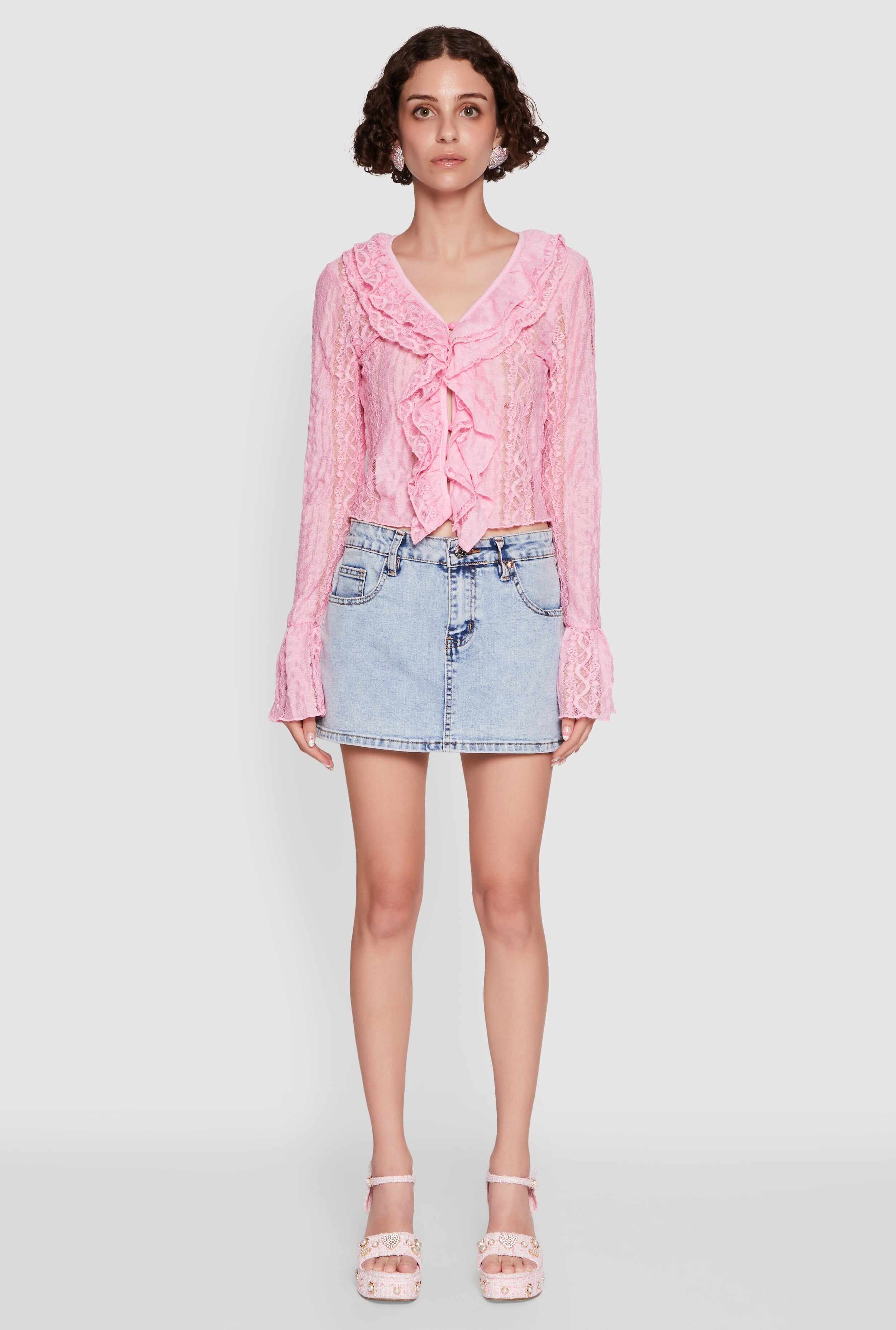 Lace V-Neck Bell Sleeve Button Front Blouse