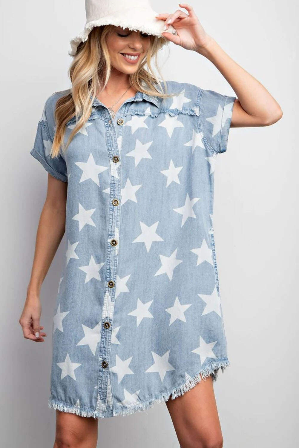 Sky Blue Stars Frayed Hem Collared Short Sleeve Denim Dress