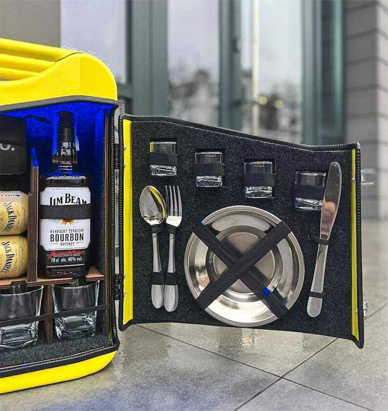 20 L Yellow Jerry Can Mini Bar, Metal Mini Bar With Wood Inside With Picnic Set, Custom Fuel Bar, Canister Bar Jerry Can, Gift For Him