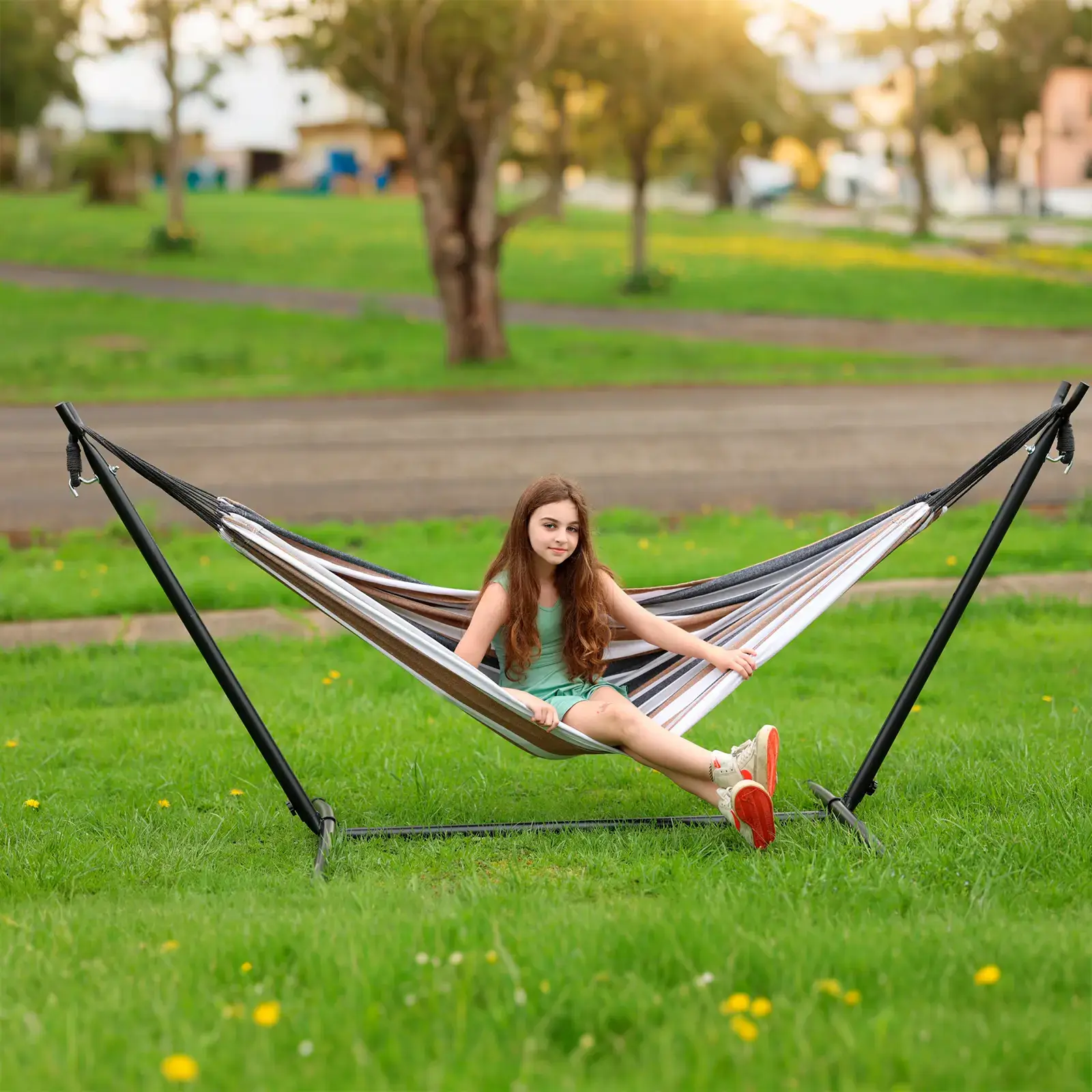 Hammock with Heavy Duty Steel Stand, 450lb Weight Capacity, Carry Bag & Anti-Roll Balance Beams Included