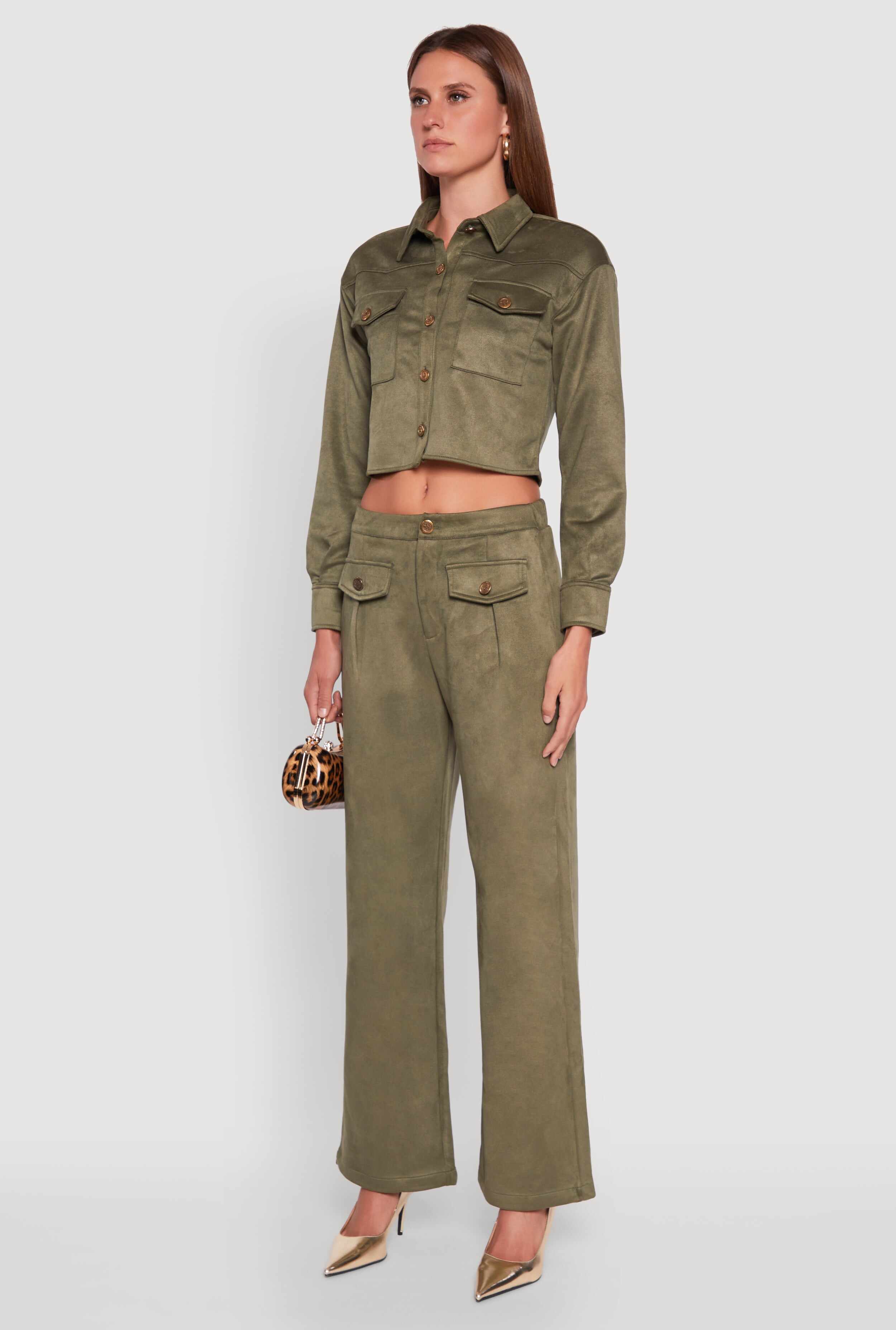 Faux Suede Button Front Cropped Shirt
