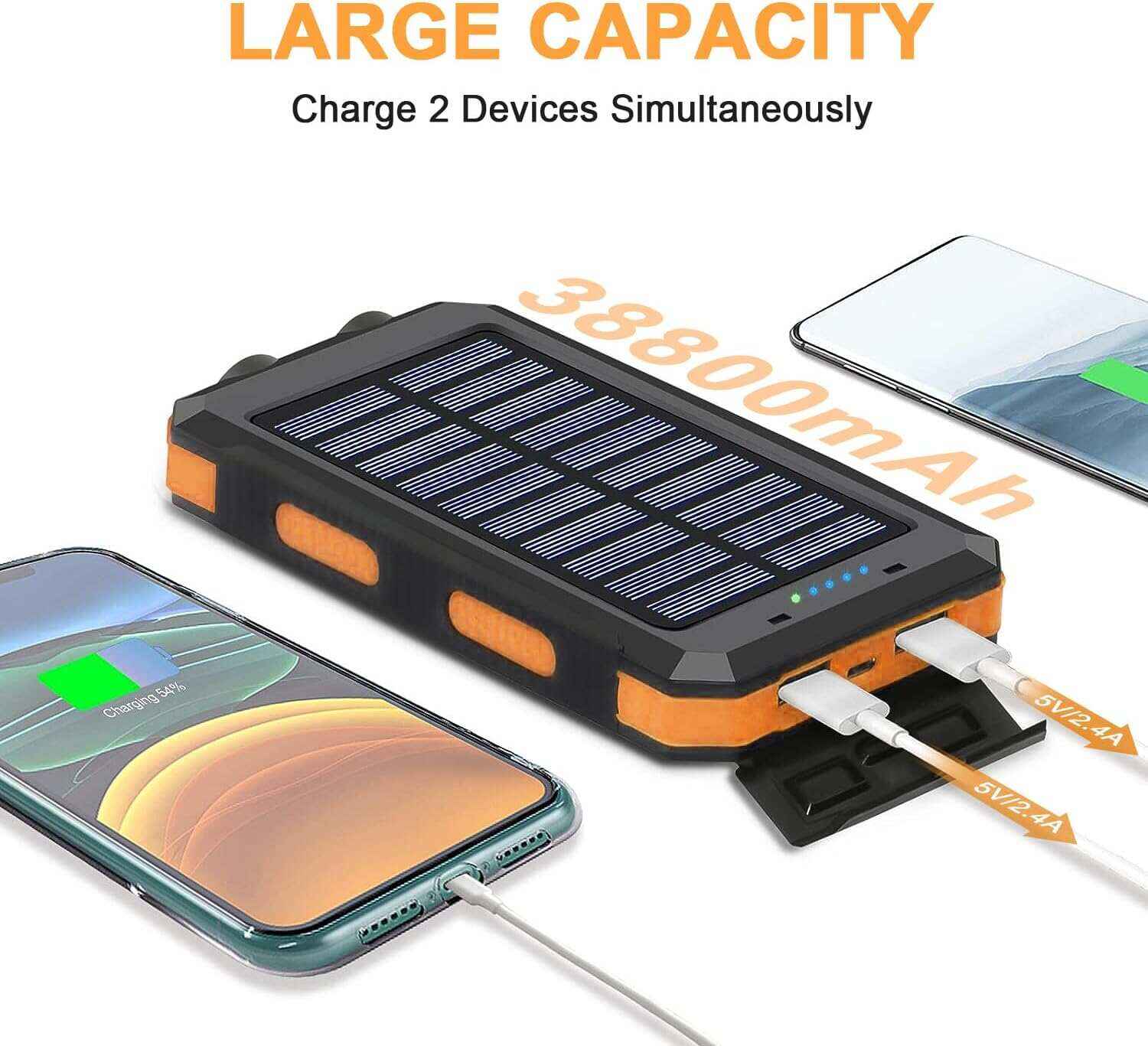 YELOMIN Solar Charger, 38800mAh Portable Solar Power Bank, Waterproof Battery Pack for Outdoor Activities, Camping External Backup Power Charger Dual USB 5V Outputs/LED Flashlights