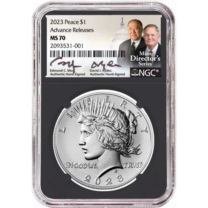 2023 Morgan & Peace Silver Dollars NGC MS70 Advance Release w/Moy & Ryder Signature