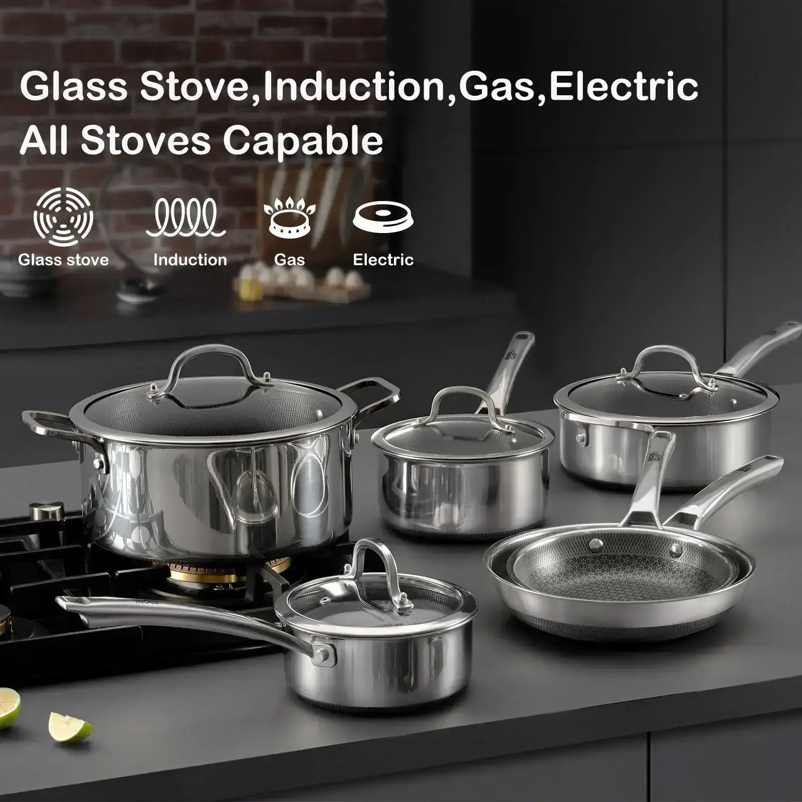 10-Pcs / 14-Pcs Hybrid Cookware Set – Nonstick Stainless Steel Pots and Pans Set, Induction Ready Frying Pans, Saucepans, Saute Pan & Stock Pot, PFOA Free