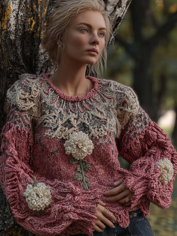 Bohemian Vintage Floral Round-neck Sweater