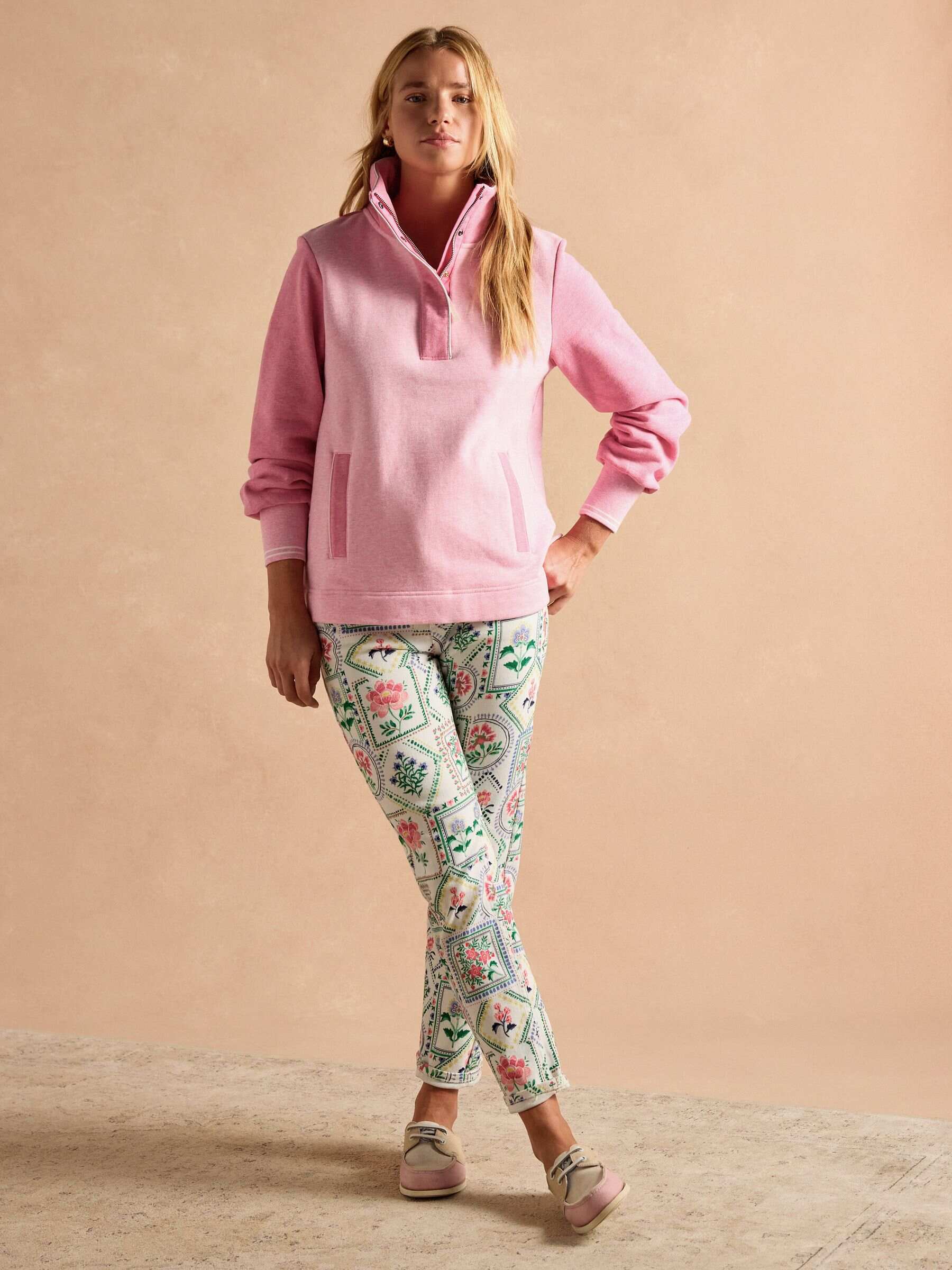 Burnham Pink Cotton Funnel Neck Quarter Zip Sweatshirt