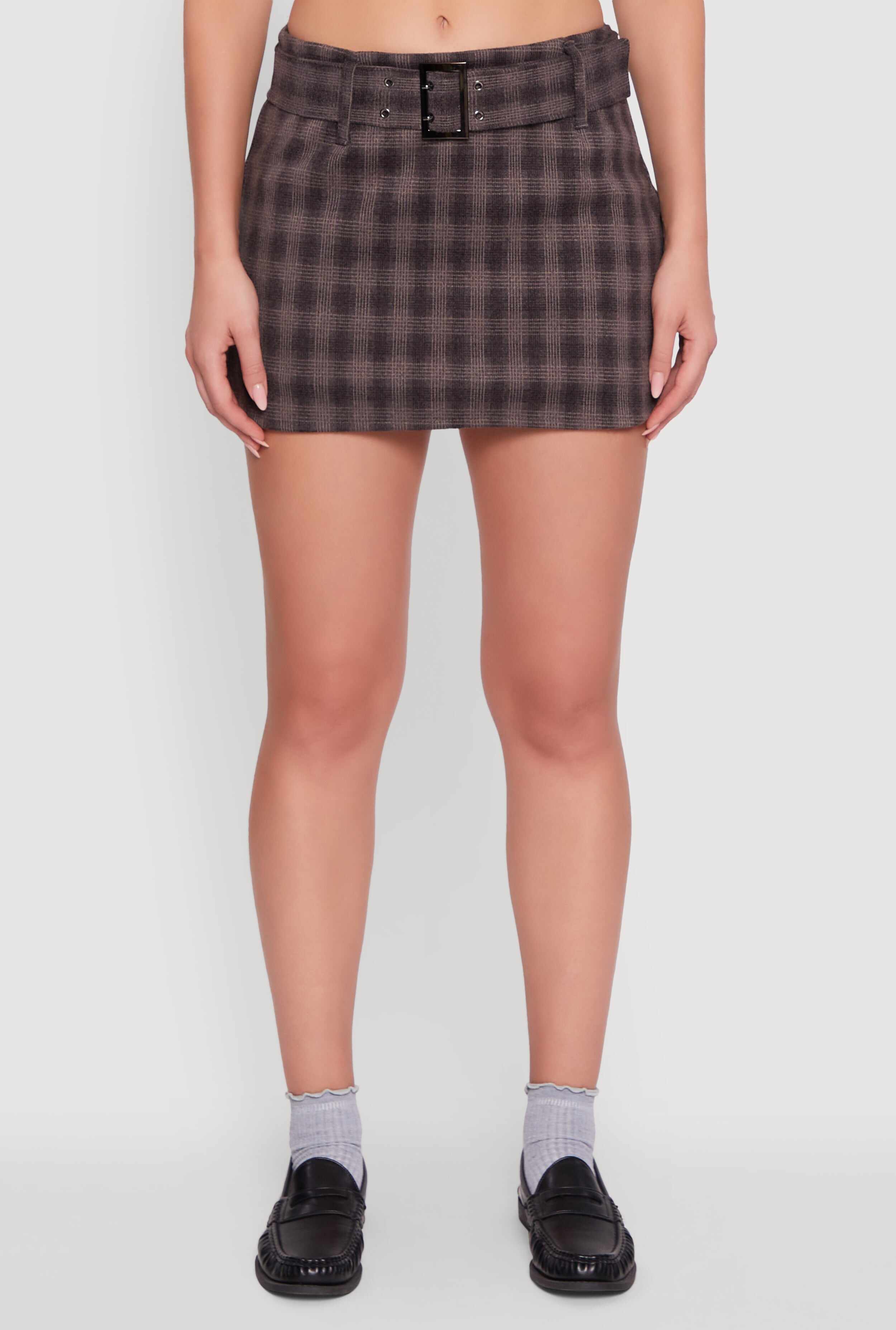 Fleece Lined Plaid Mini Skirt with Belt