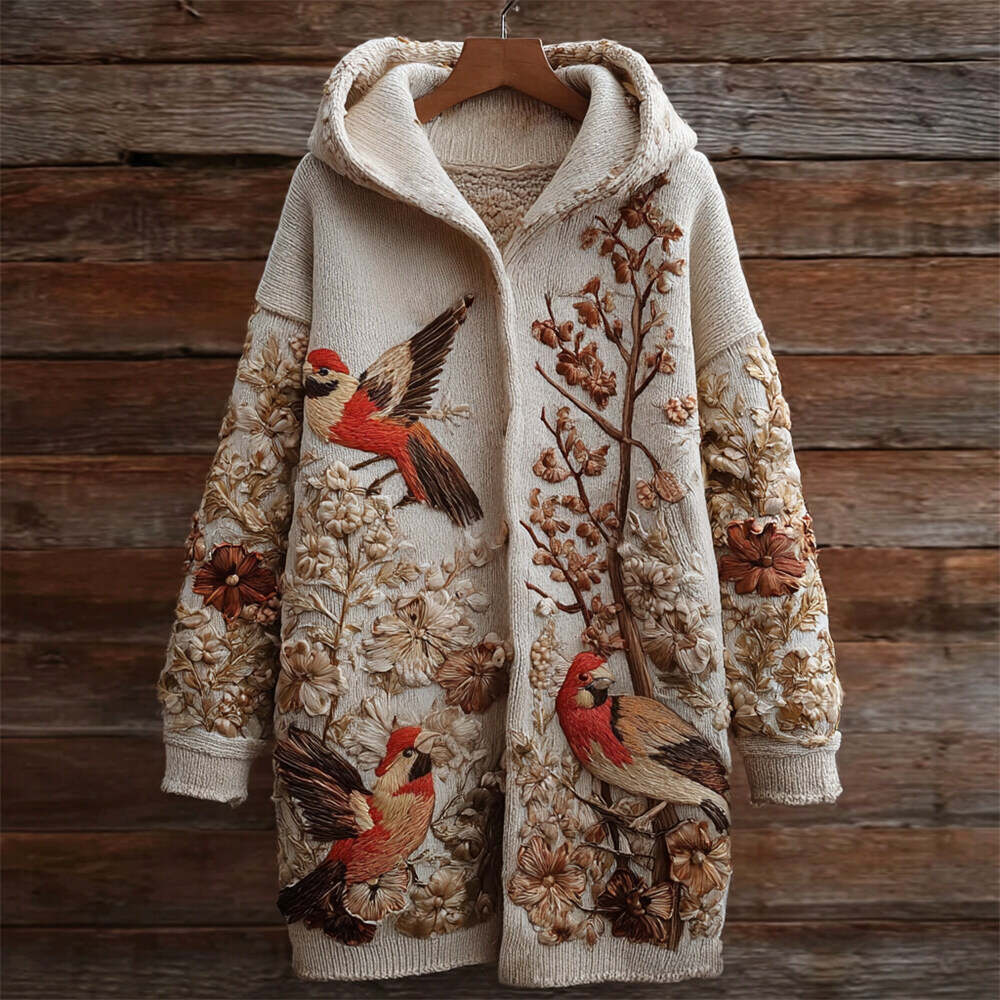 Vintage Bird & Flower Embroidery Women's Knit Hooded Cardigan