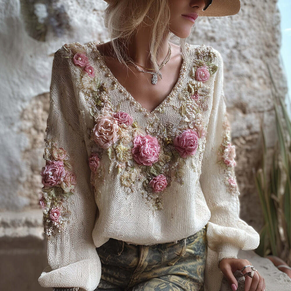 🎉Today's Deal✨Vintage Boho Floral Pearl Embellished Embroidered Women's V-neck Sweater