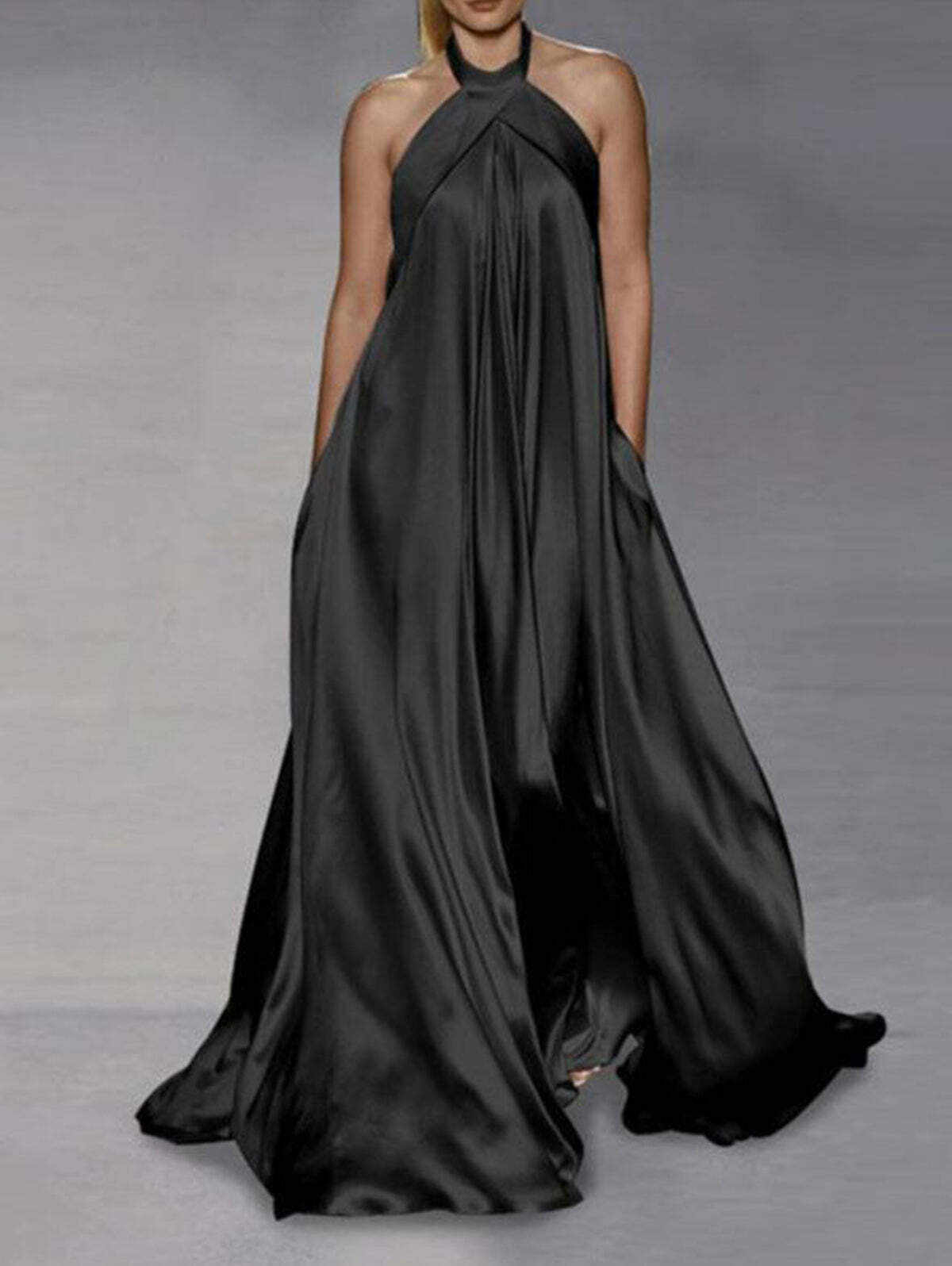 Elegant Solid Color Halter Swing Maxi Dress