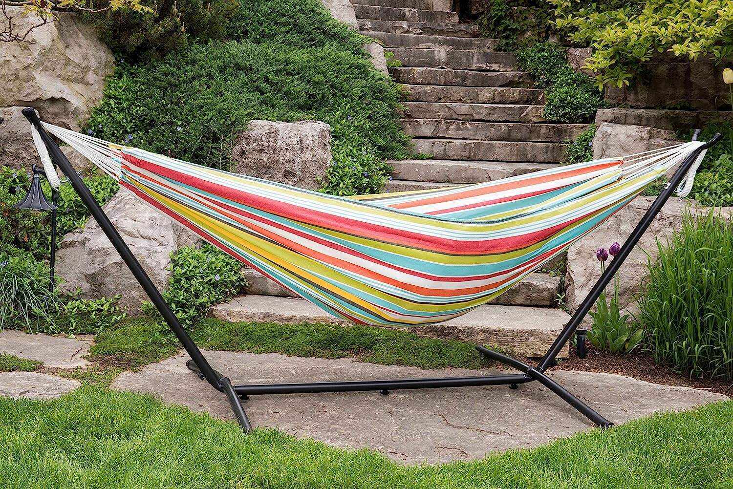 Double Cotton Hammock with Space Saving Steel Stand, Tropical (450 lb Capacity - Premium Carry Bag Included)