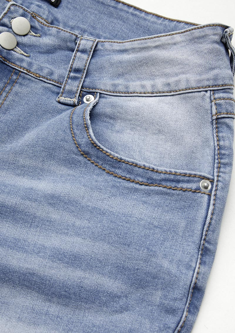 Wash Double Button Flap Pocket Mid Waist Straight Leg Jeans