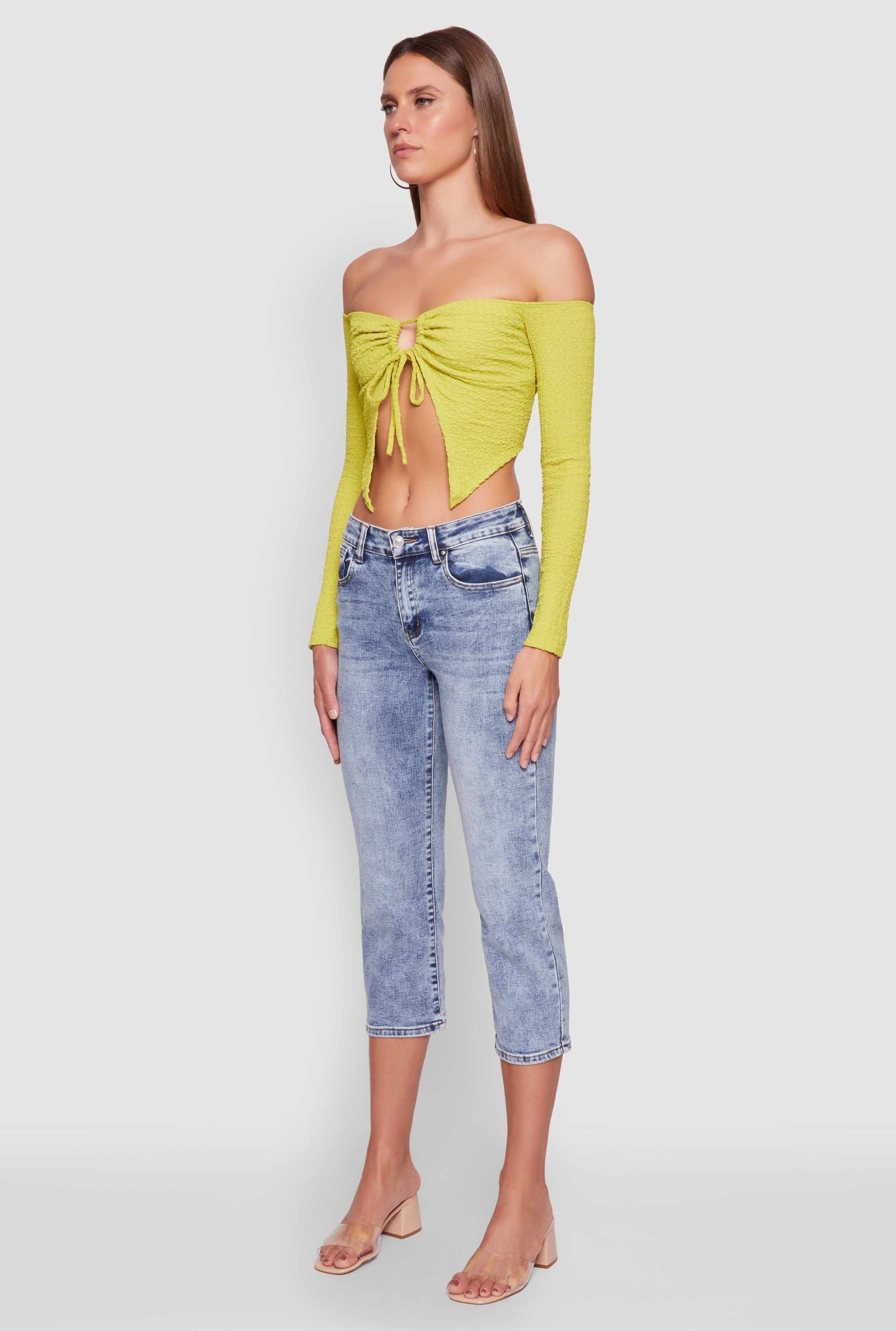Trendy Off Shoulder Textured Knit Tie Front Crop Top