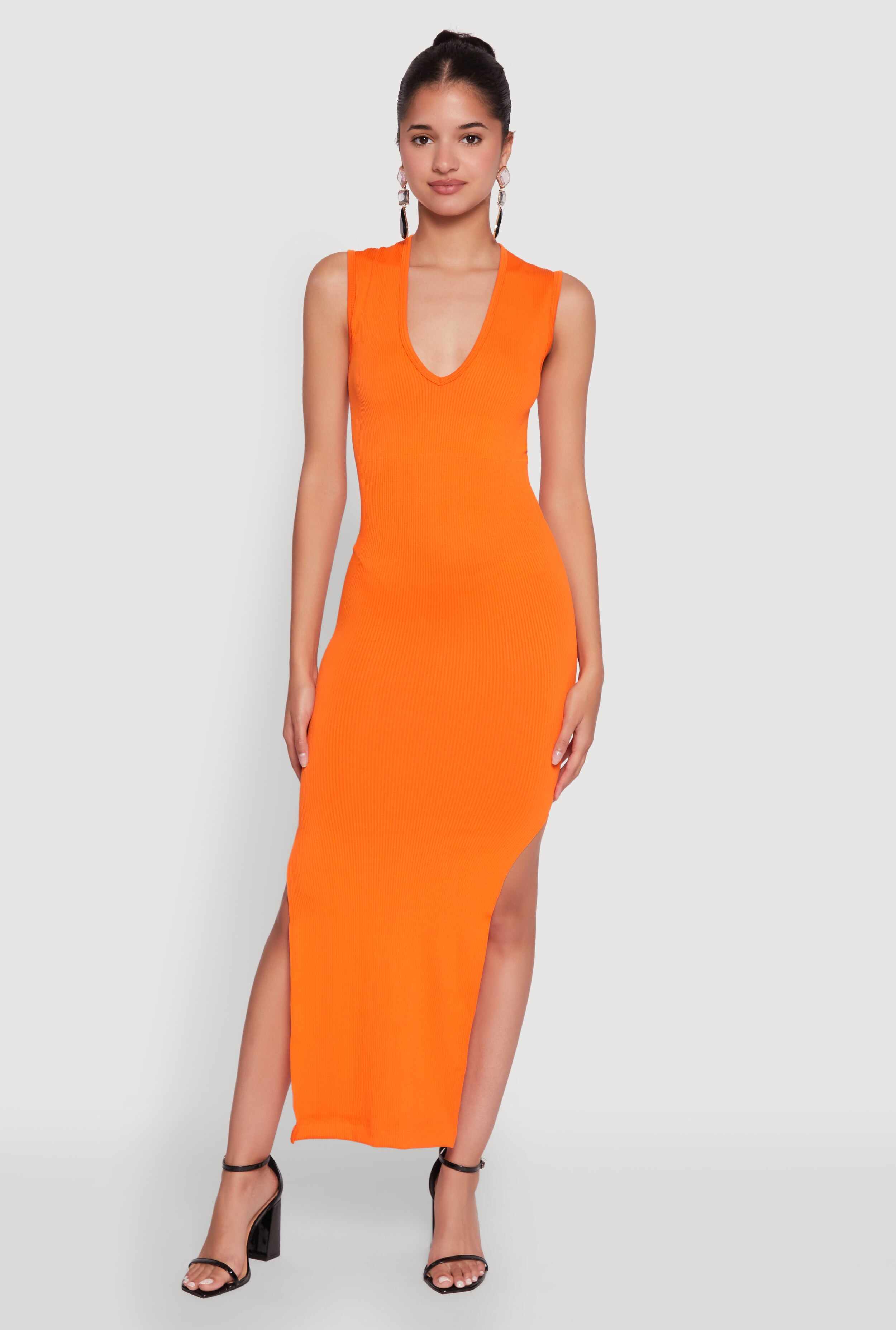 Trendy Rib Knit Plunge Neck Side Slit Maxi Dress